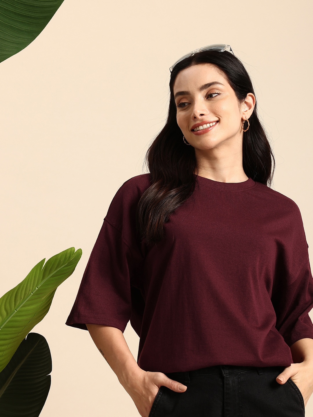 

Mast & Harbour Oversized Fit Drop-Shoulder Sleeves Pure Cotton T-shirt, Burgundy