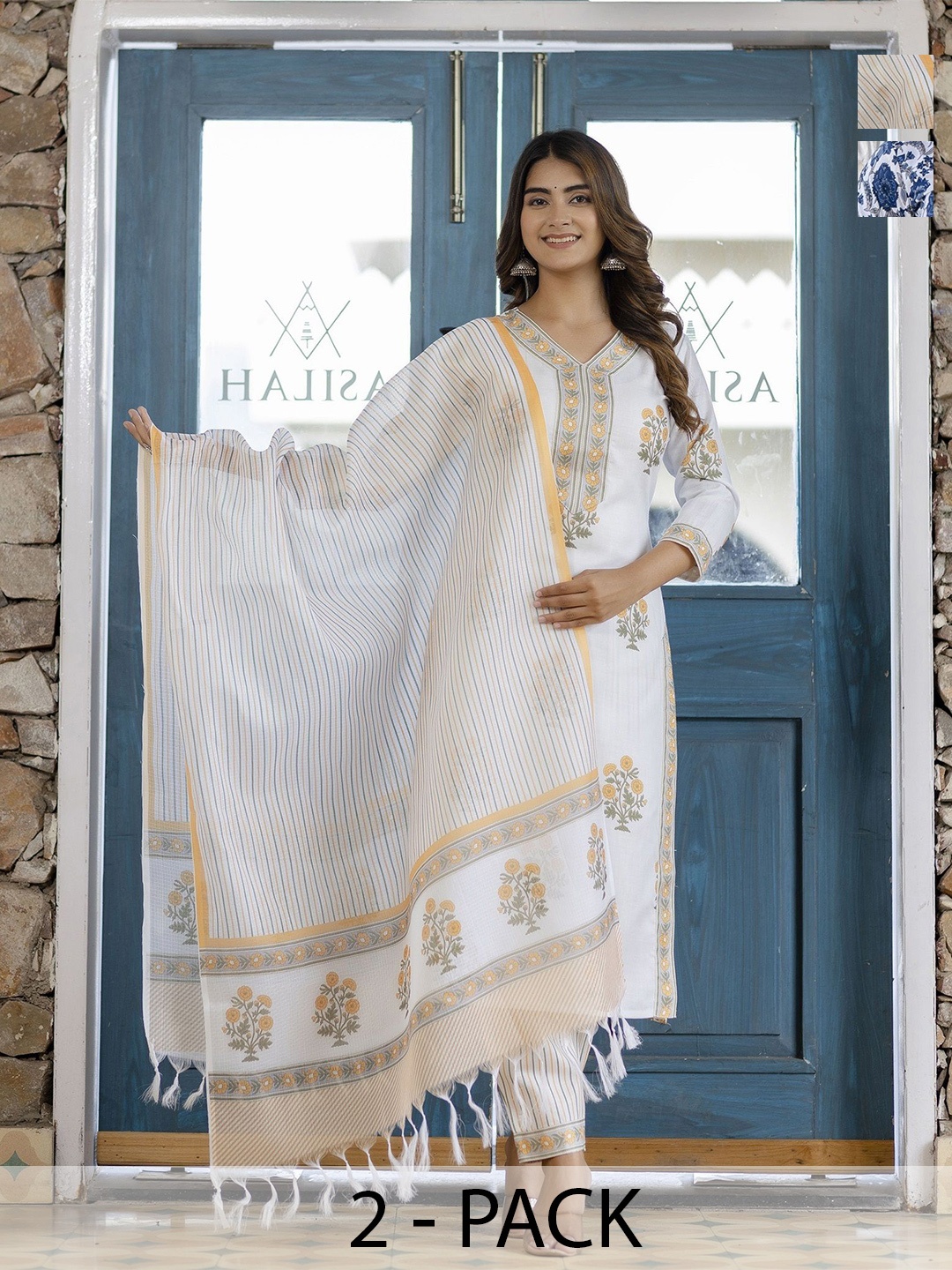 KALINI Selection Of 2 Ethnic Motifs Printed V-neck Straight Kurta With Trousers & Dupattas, White