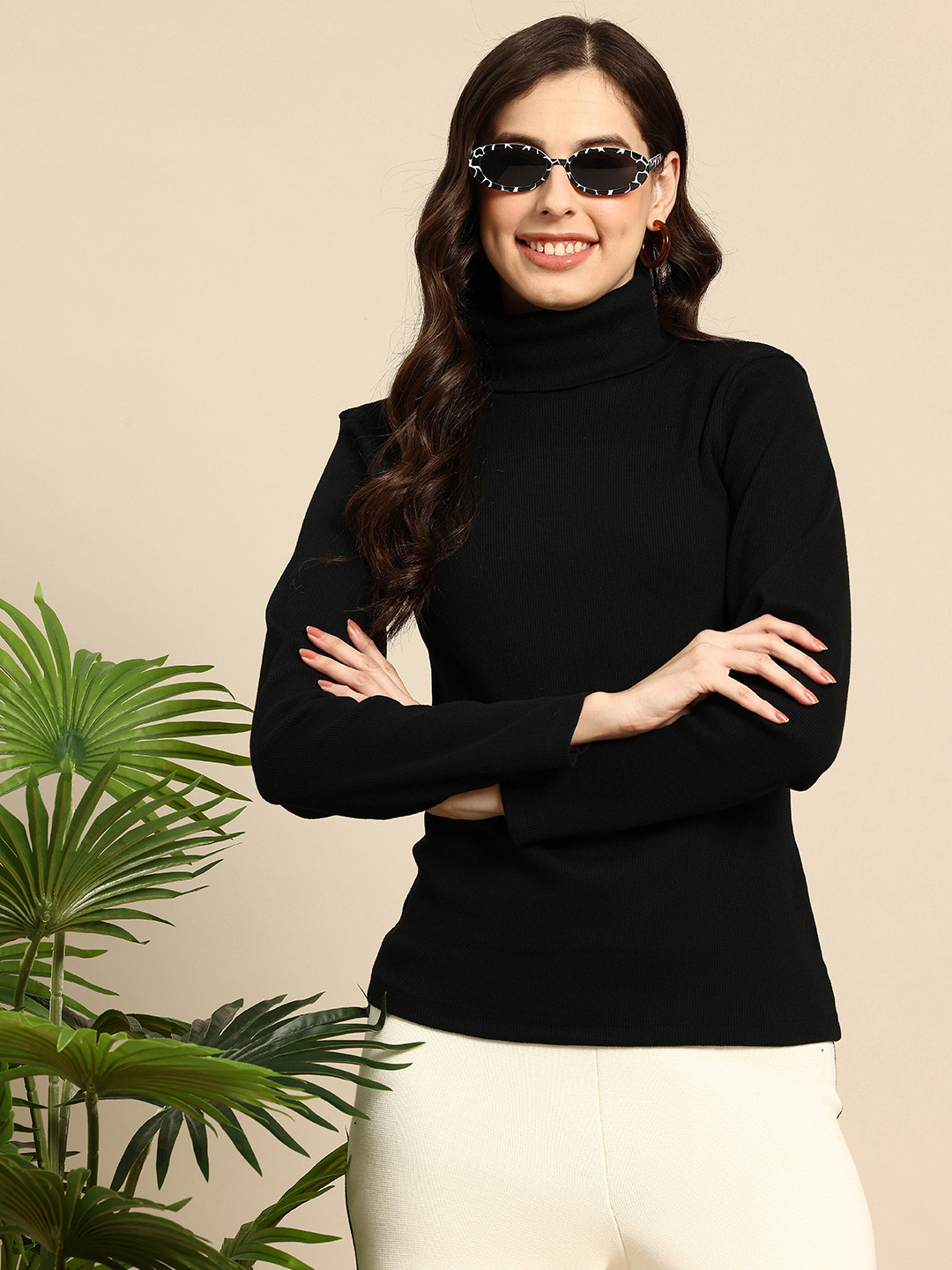 

Mast & Harbour Turtle Neck Ribbed T-shirt, Black