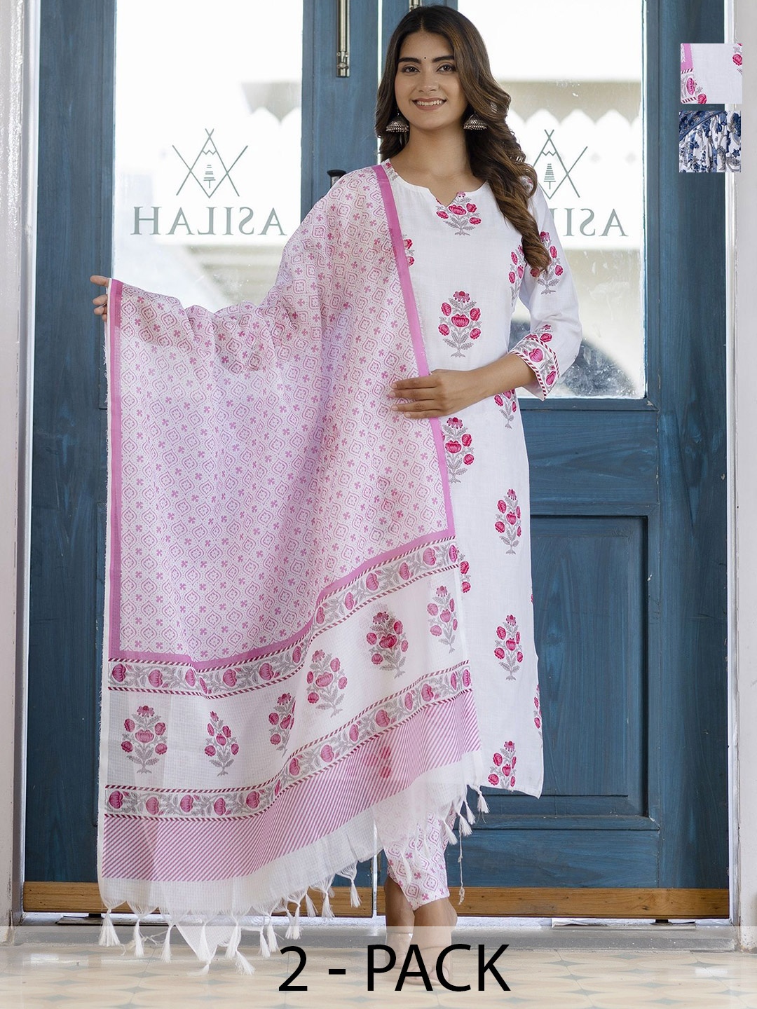 

KALINI Selection Of 2 Floral Printed Notch Neck Straight Kurtas With Trousers & Dupattas, White