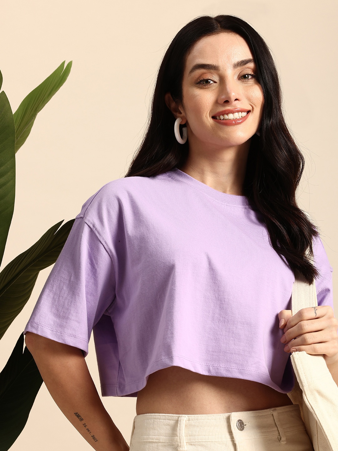 

Mast & Harbour Drop-Shoulder Sleeves Pure Cotton Boxy Crop T-shirt, Lavender
