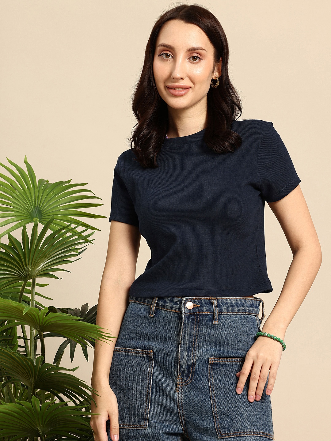 

Mast & Harbour Ribbed Knitted T-shirt, Navy blue