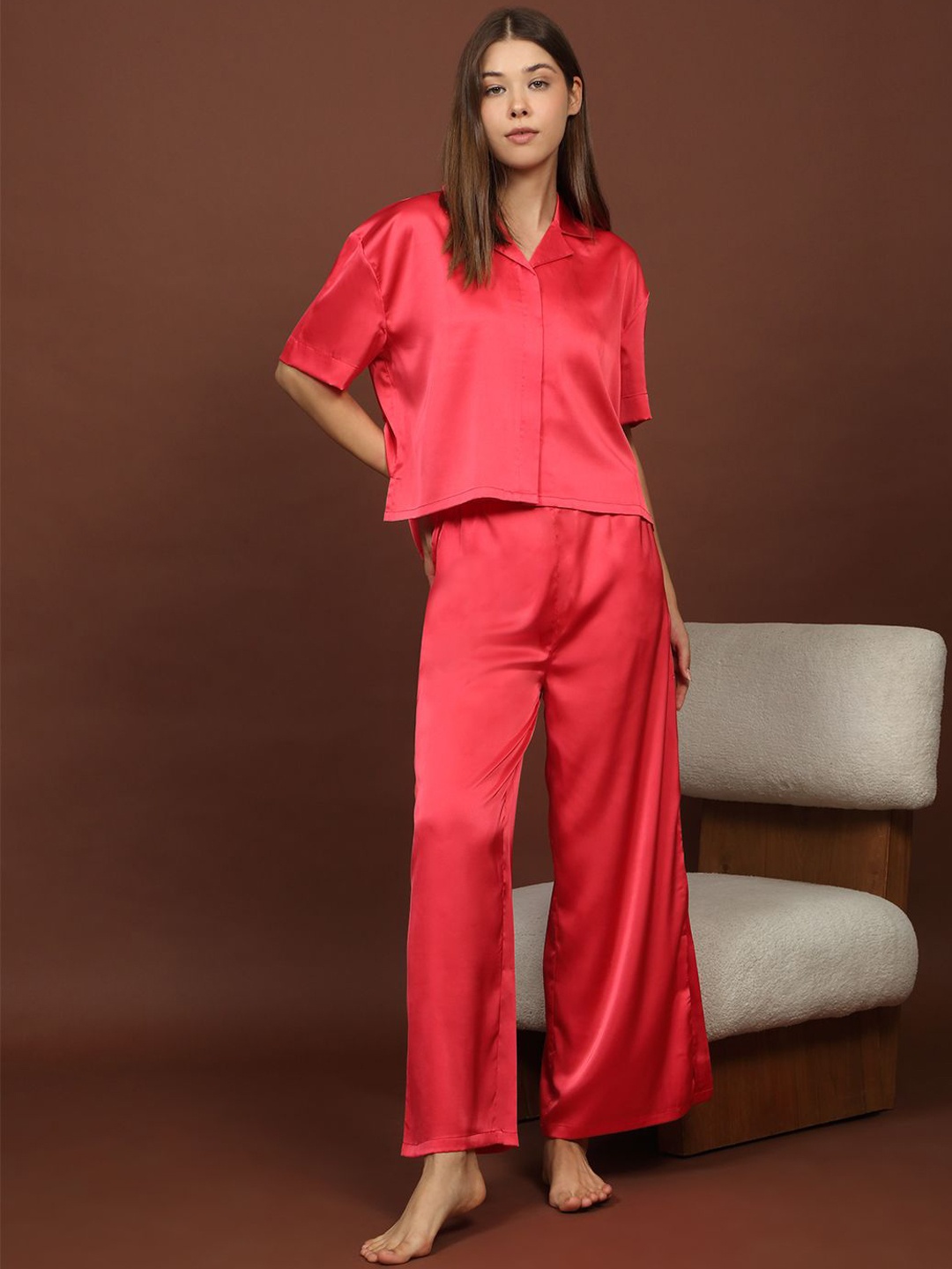 

Sweet Dreams Women Satin Lapel Collar Night Suit, Red
