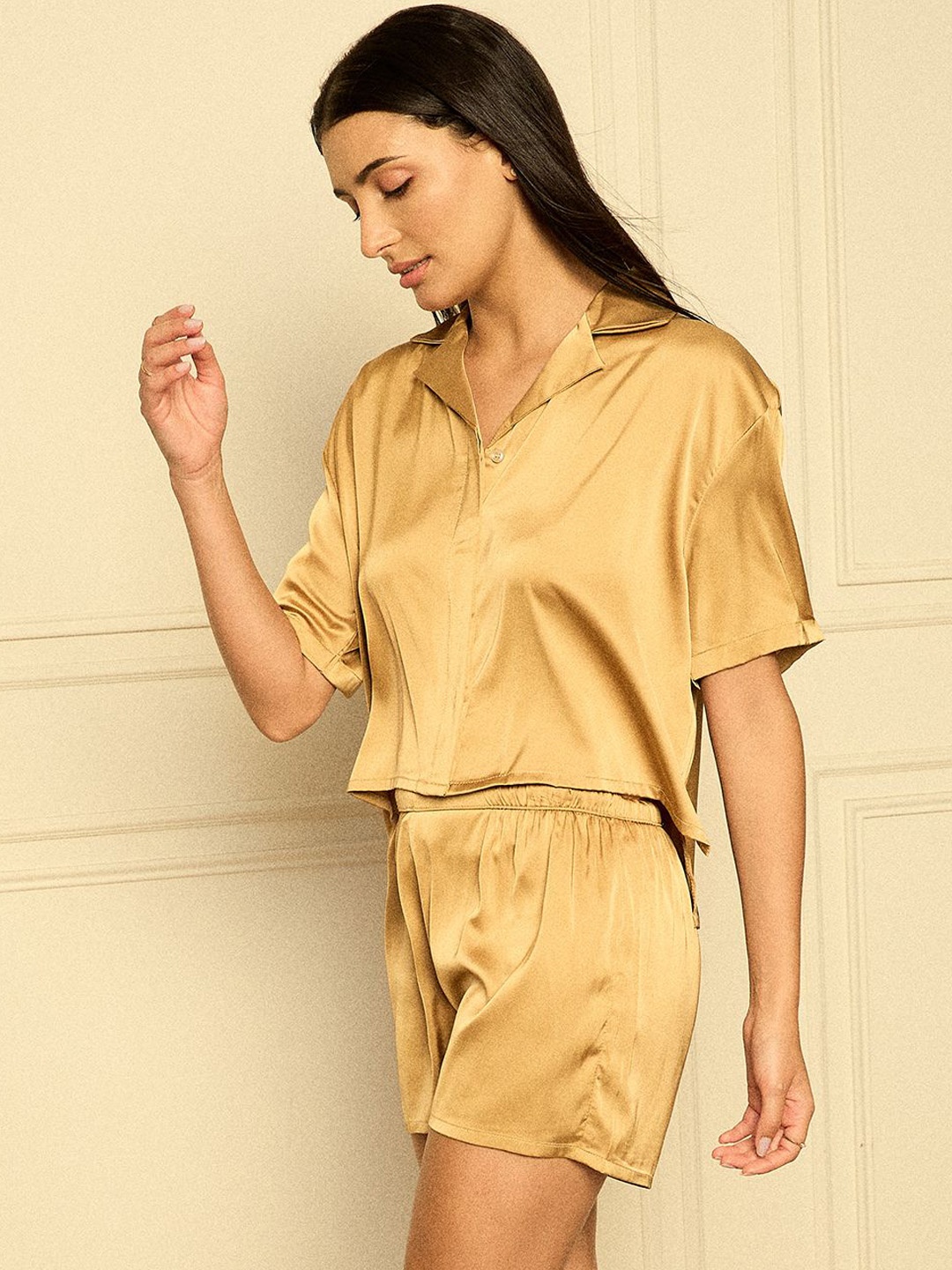 

Sweet Dreams Women Satin Lapel Collar Night suit, Gold