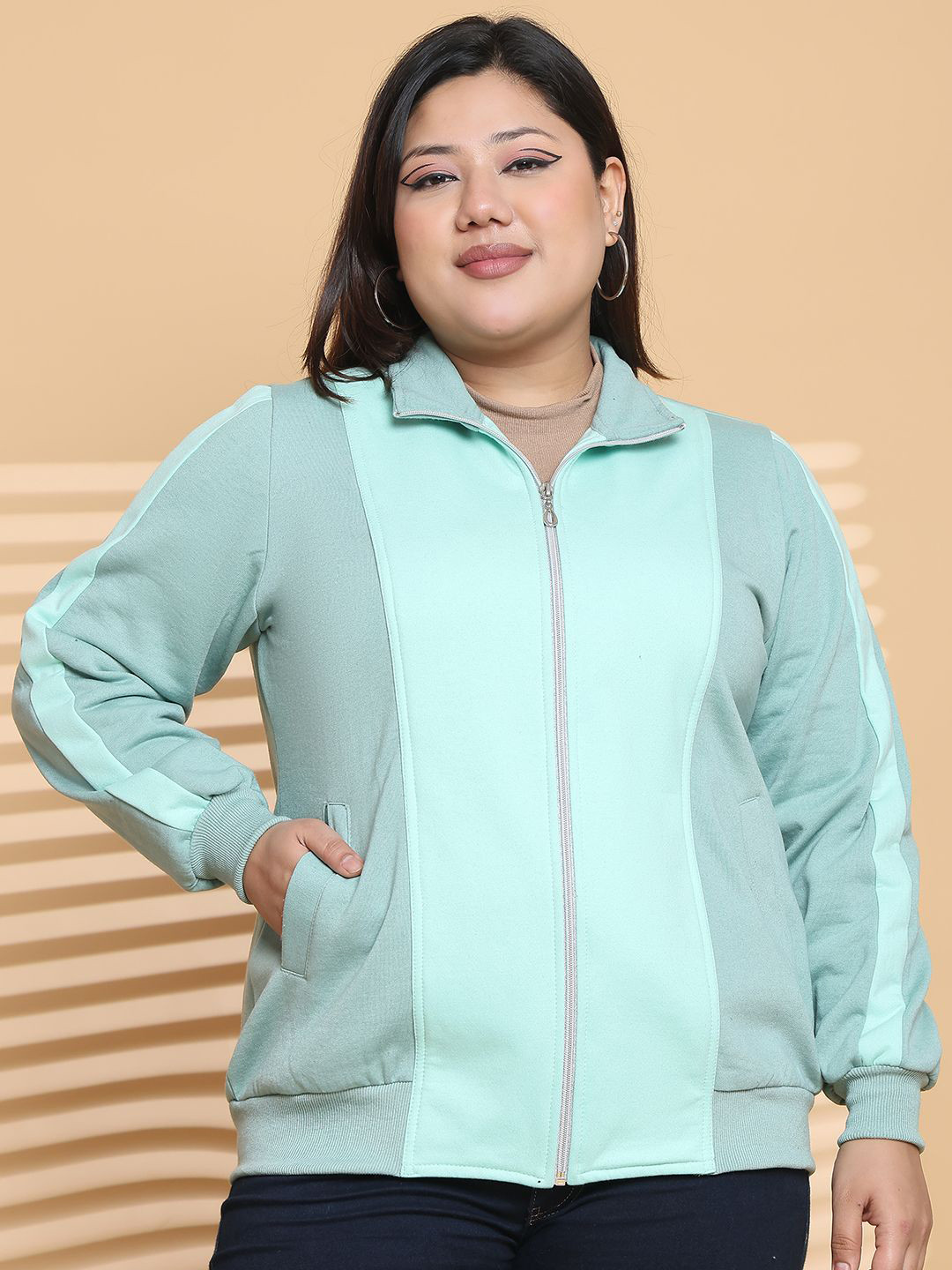 

theRebelinme Women Mock Collar Colourblocked Fleece Casual Bomber Jacket, Green