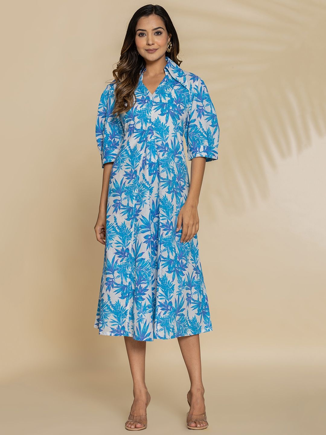 

Eco Clothing Women Floral Print Puff Sleeve Linen A-Line Midi Dress, White
