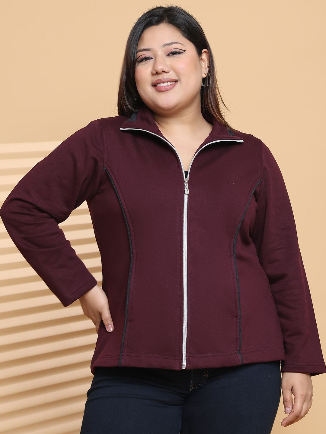 

theRebelinme Women Plus Size Mock Collar Striped Fleece Casual Bomber Jacket, Burgundy