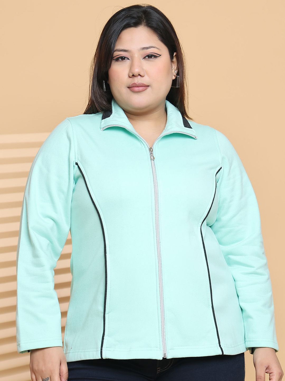 

theRebelinme Women Mock Collar Solid Fleece Casual Bomber Jacket, Sea green