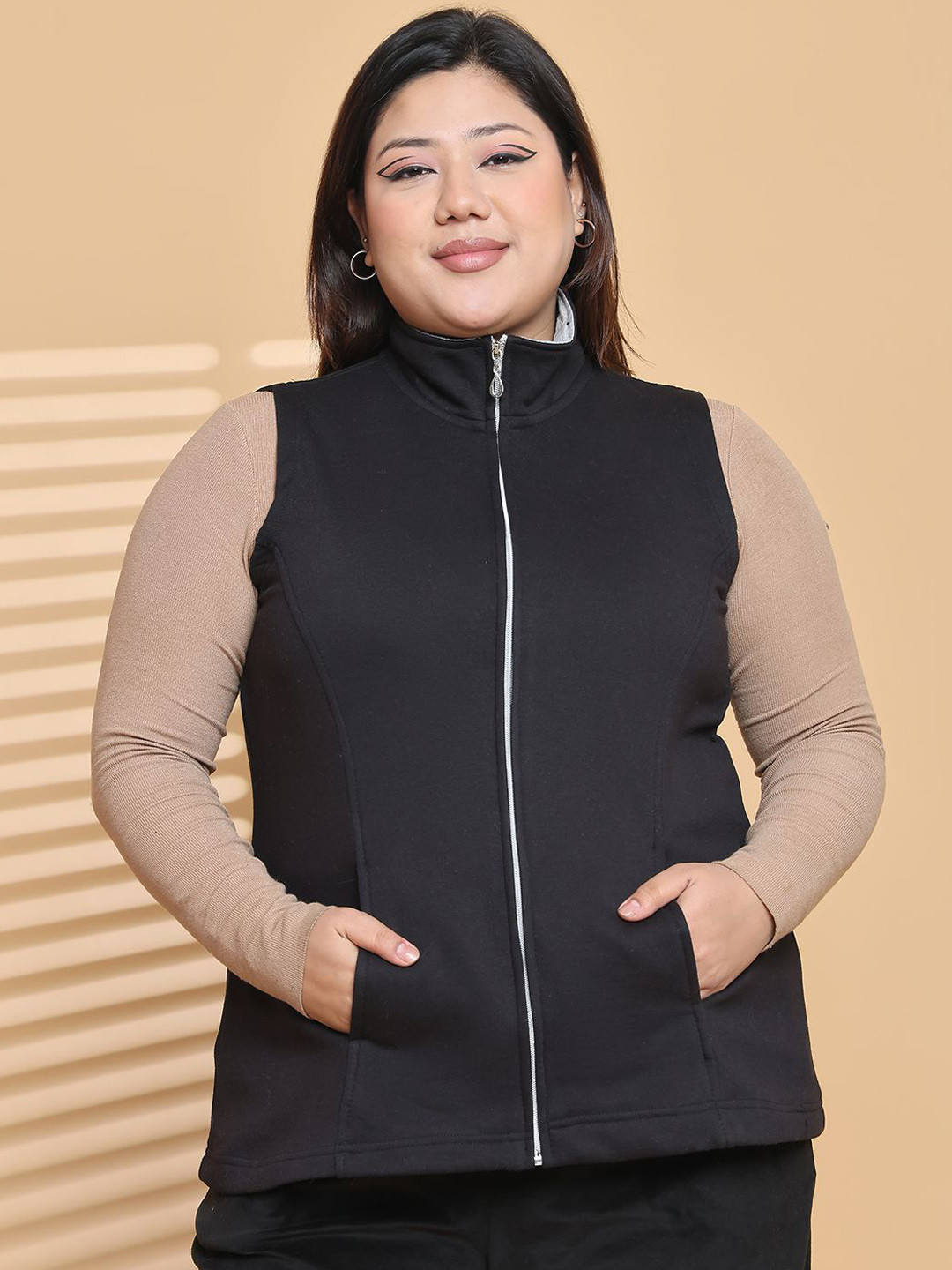 

theRebelinme Women Plus Size Mock Collar Solid Fleece Casual Gilet Jacket, Black