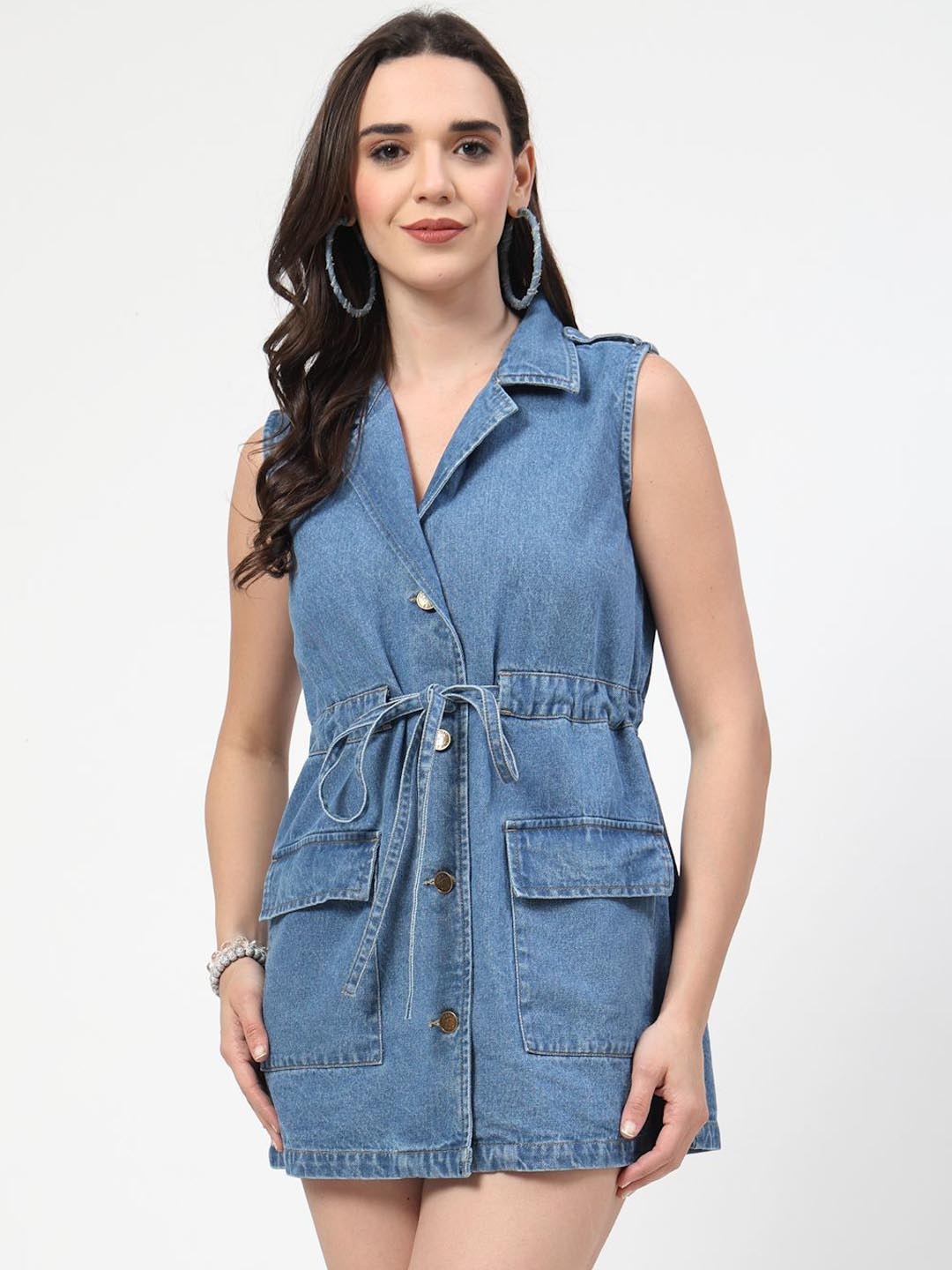 

COSMIC TRIO Women Notched Lapel Collar Solid Cotton Denim Trench Coat, Blue
