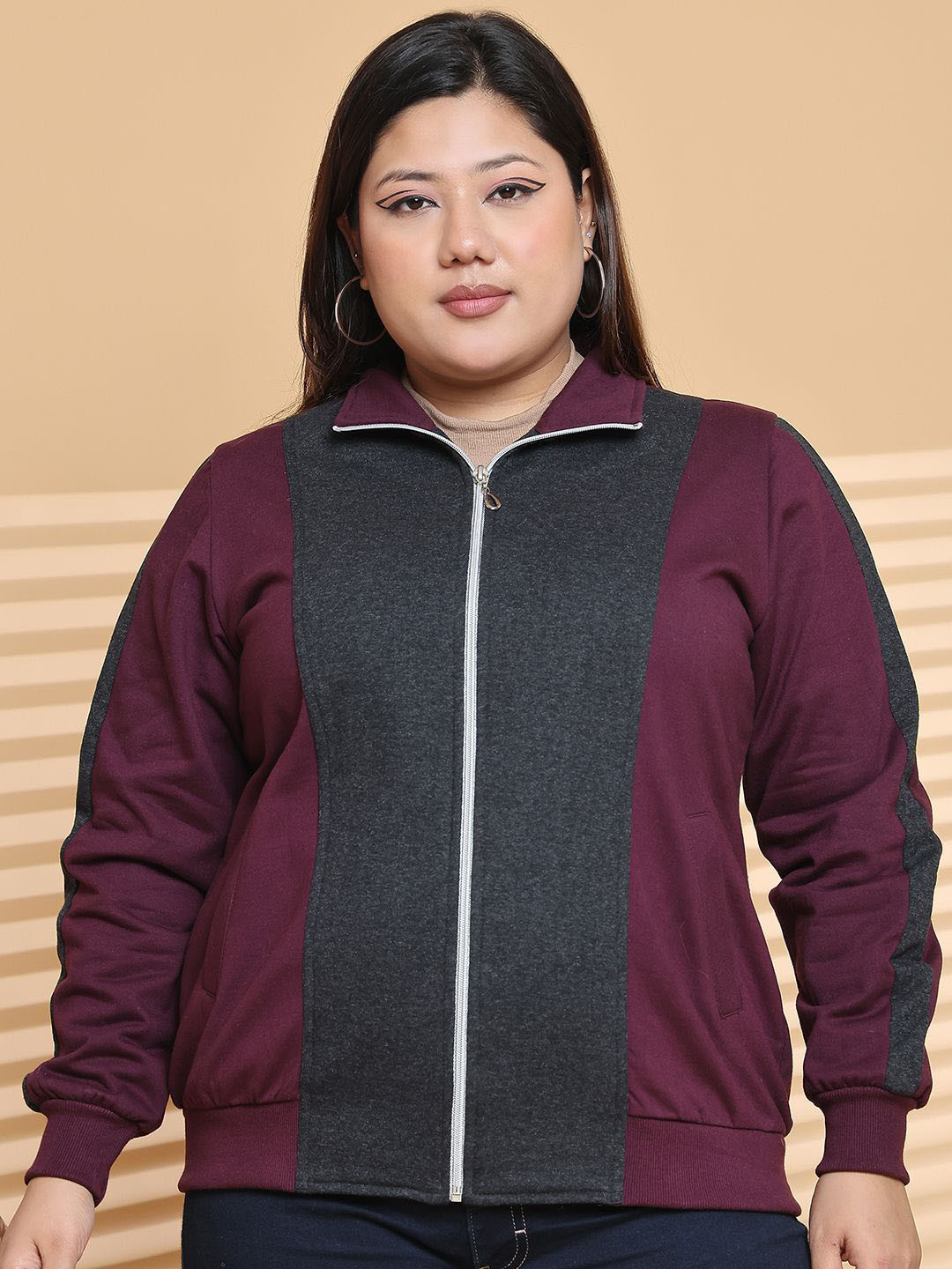 

theRebelinme Women Plus Size Mock Collar Colourblocked Fleece Casual Bomber Jacket, Burgundy