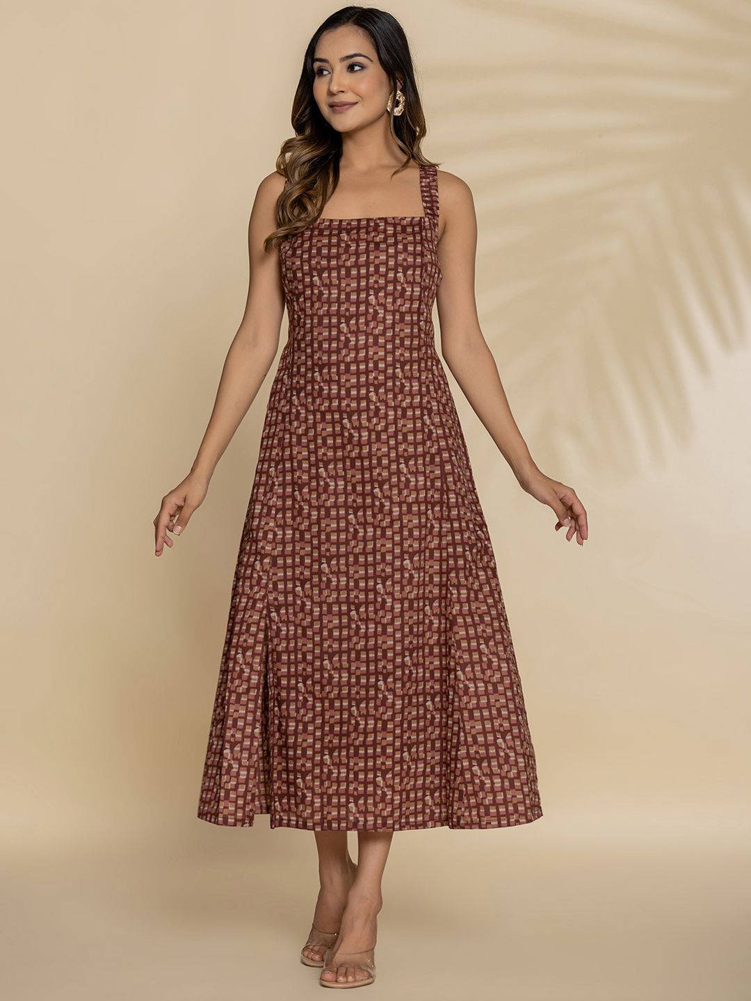 

Eco Clothing Women Checked A-Line Midi Dress, Brown