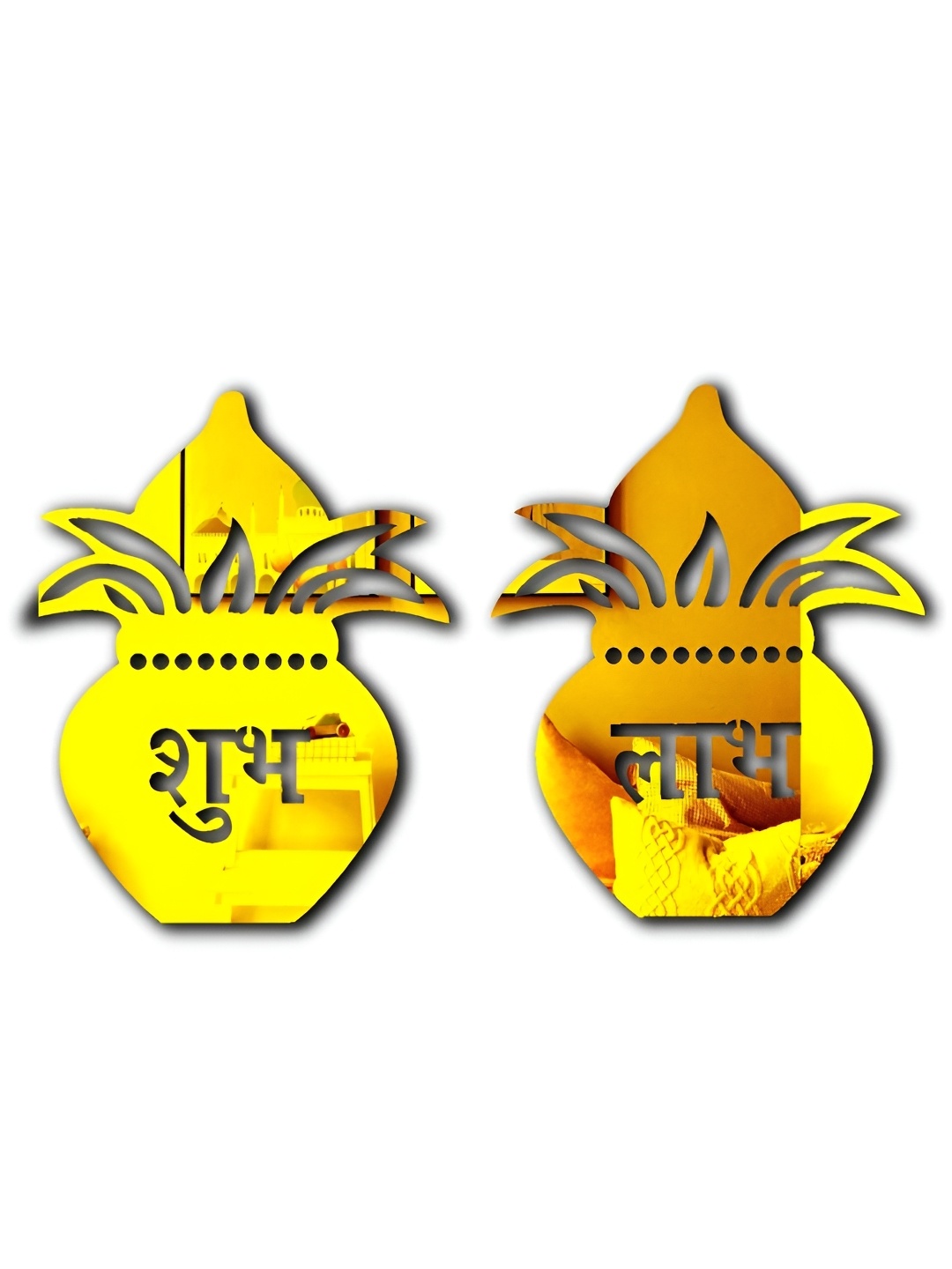 VAH Kya Bat Hai !! Yellow 2 Pieces Subh Labh Mirror Stickers Wall Decors, Gold