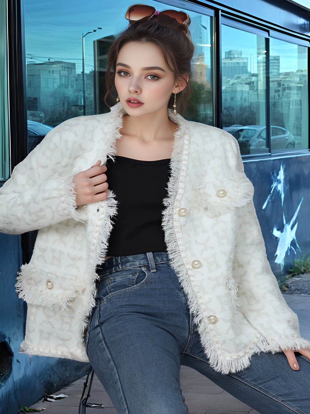 

DressBerry Off White Self Design Long Sleeves Woolen Overcoat