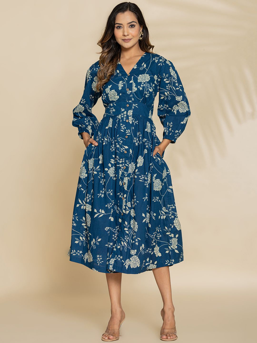 

Eco Clothing Women Floral Printed Fit & Flare Midi Dress, Navy blue