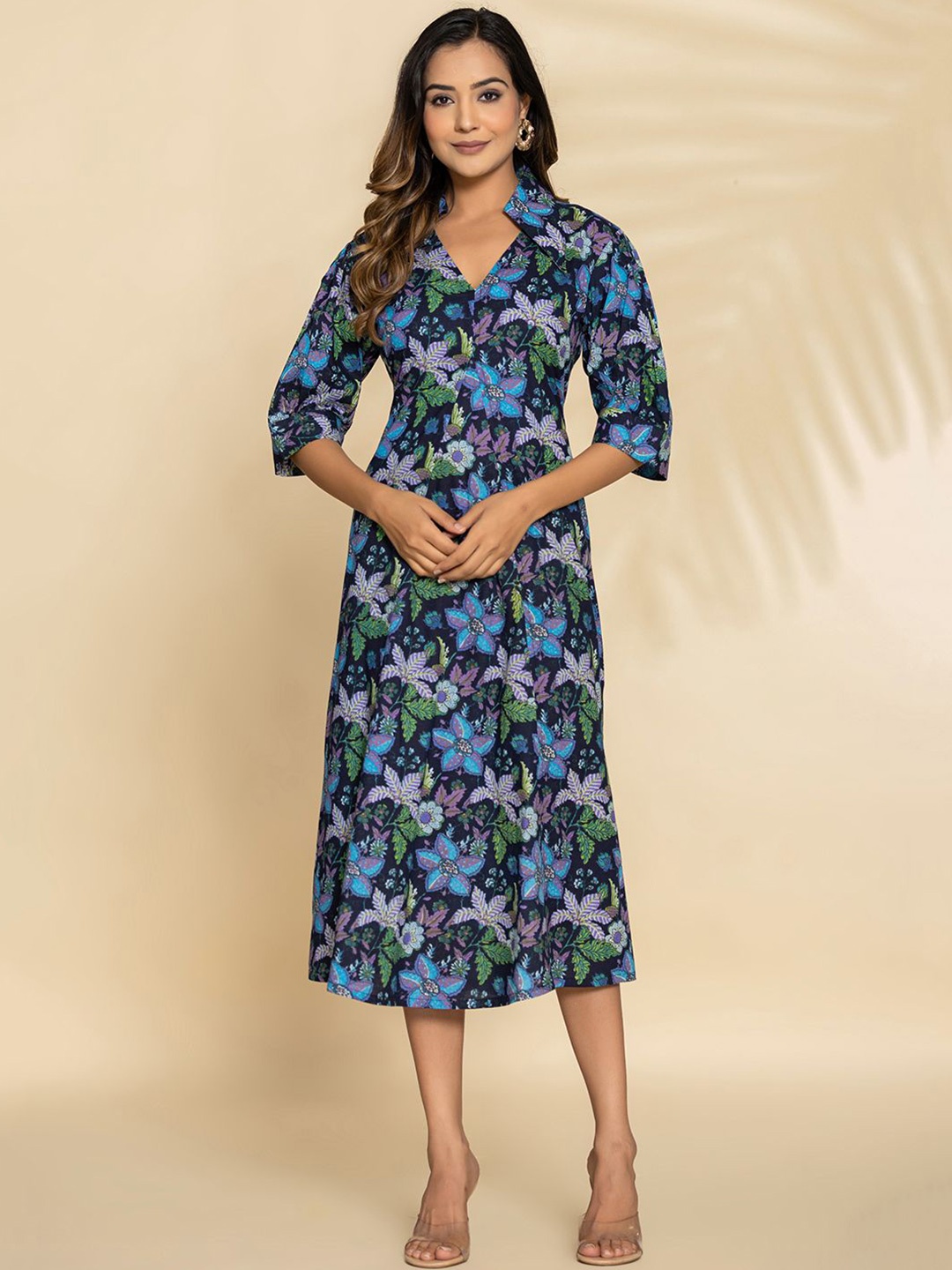 

Eco Clothing Women Floral Printed Shirt Collar A-Line Midi Dress, Black
