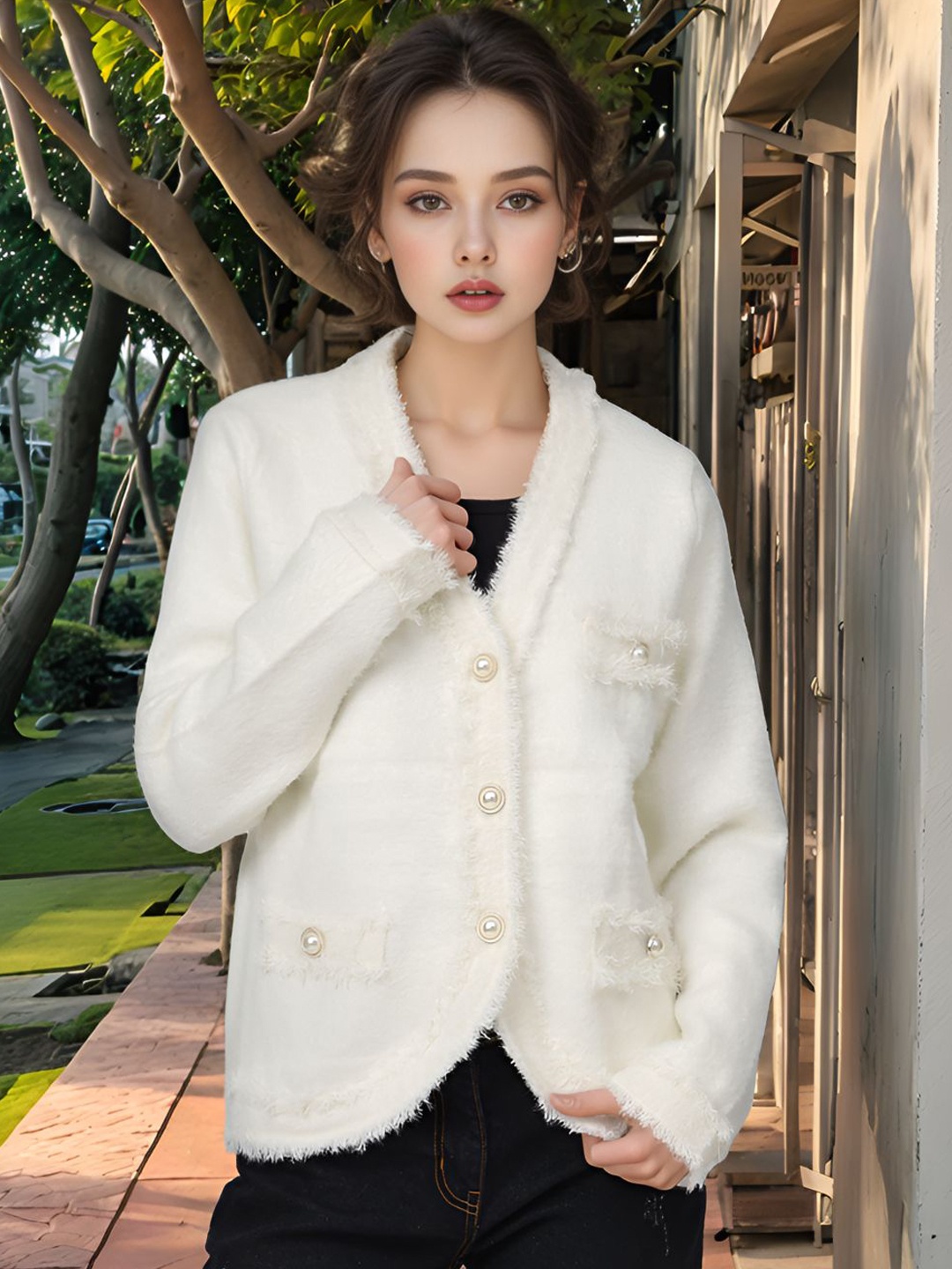 

DressBerry White Self Design Long Sleeves Woolen Overcoat