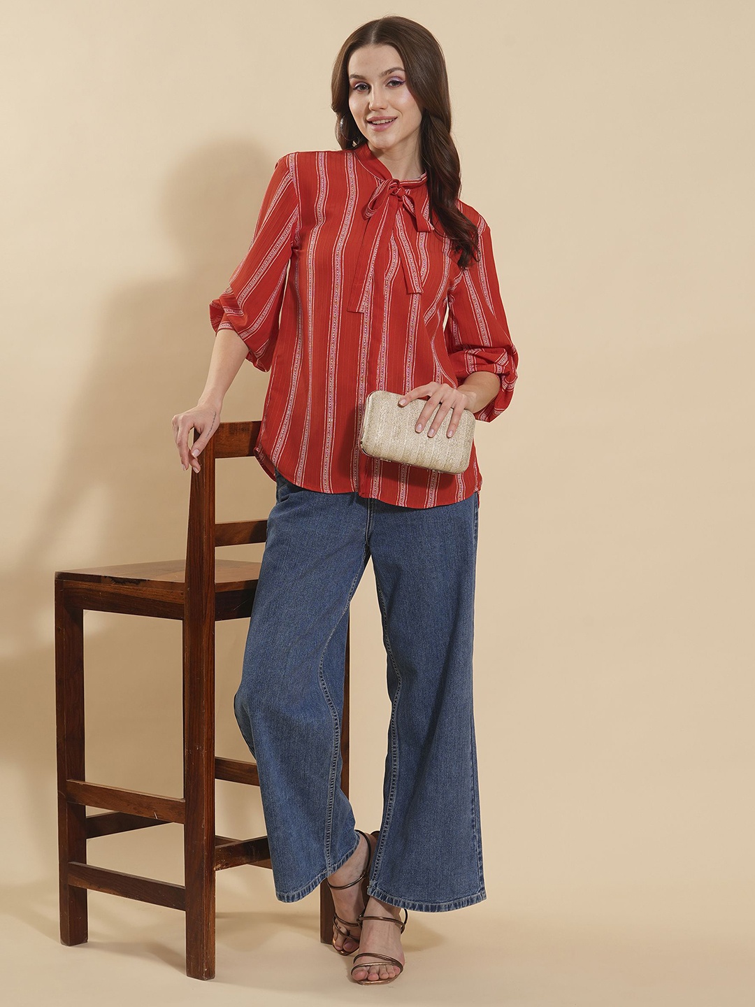 

all about you Women Vertical Striped Tie-Up Neck Shirt Style Top, Red