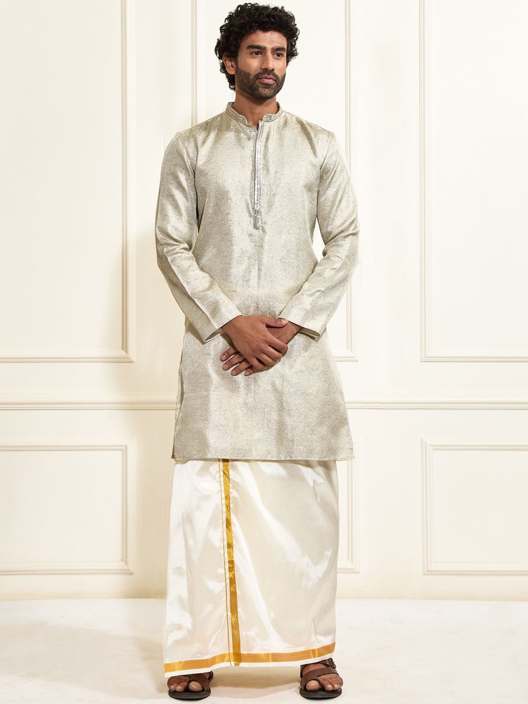 

VASTRAMAY Sequinned work with Mandarin Collar Kurta And Mundu, Beige