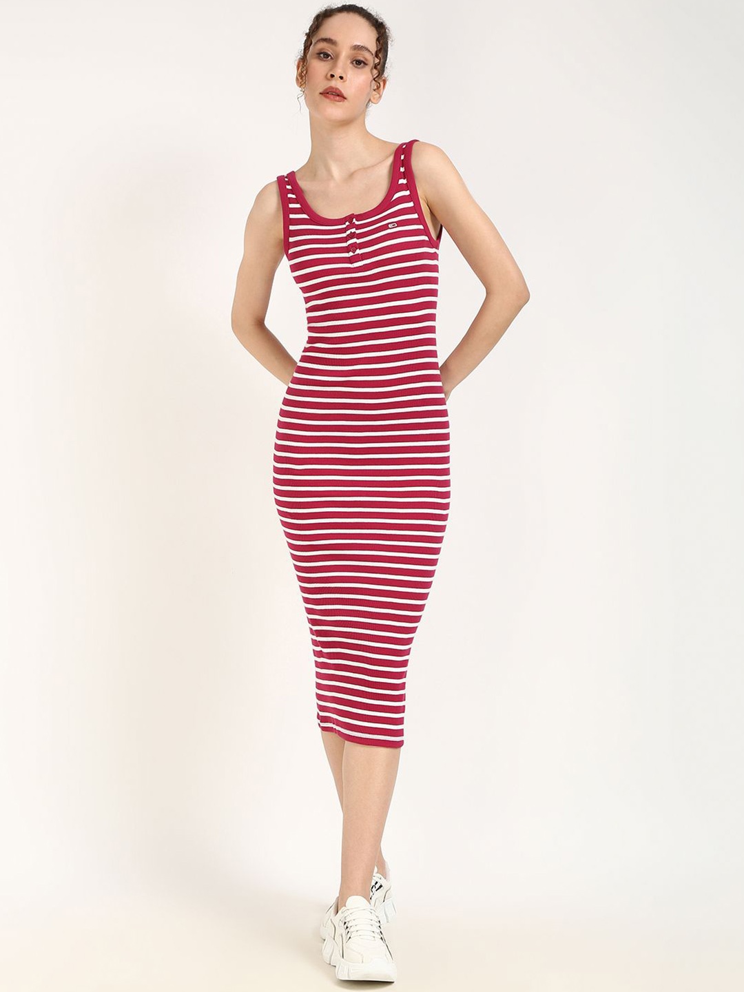 

Tommy Hilfiger Fashion Women Cotton Sleeveless Striped Bodycon Dress, Red