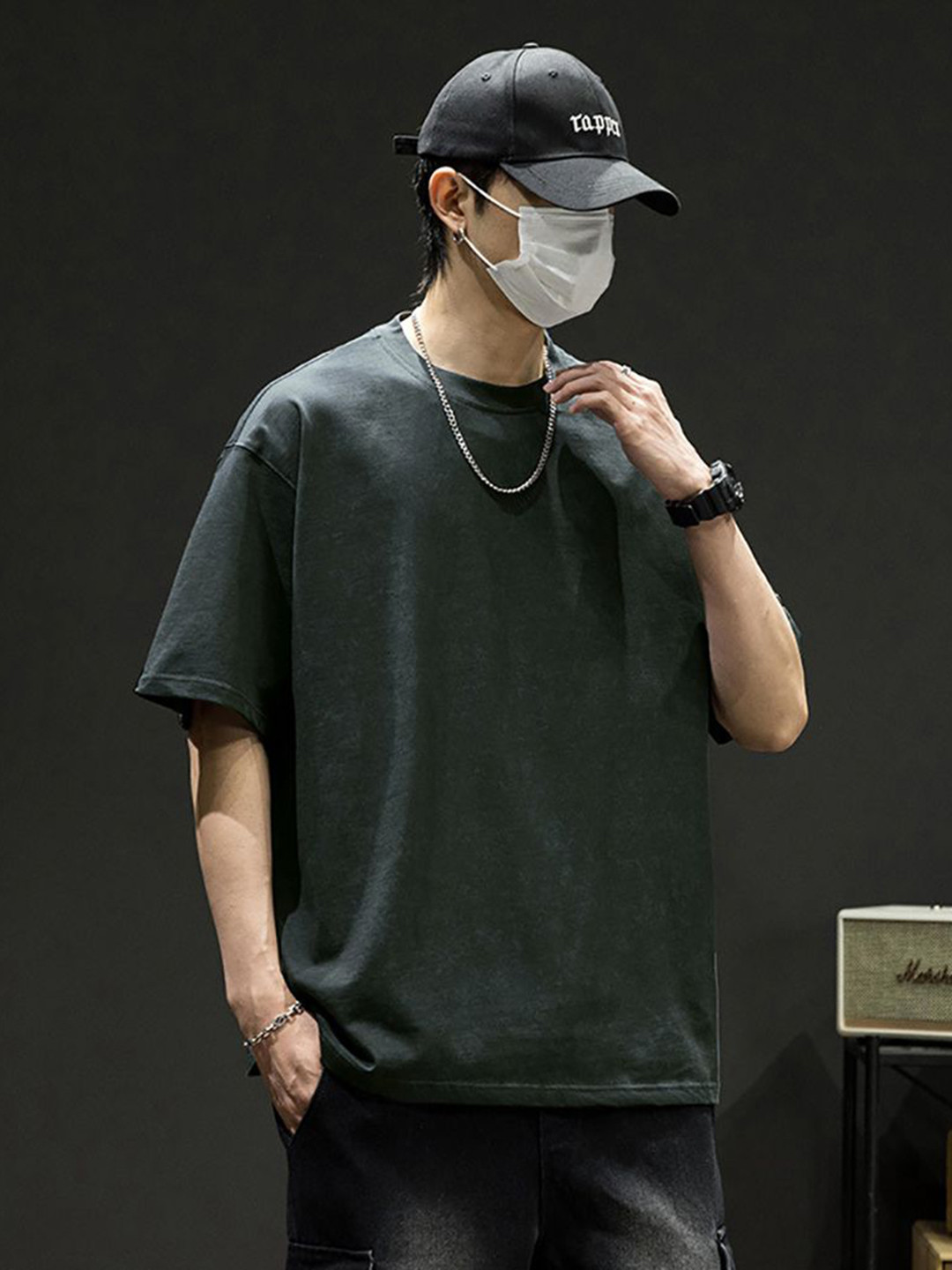 

StyleCast x Revolte Men Solid Round Neck Cotton Relaxed Fit T-shirt, Green