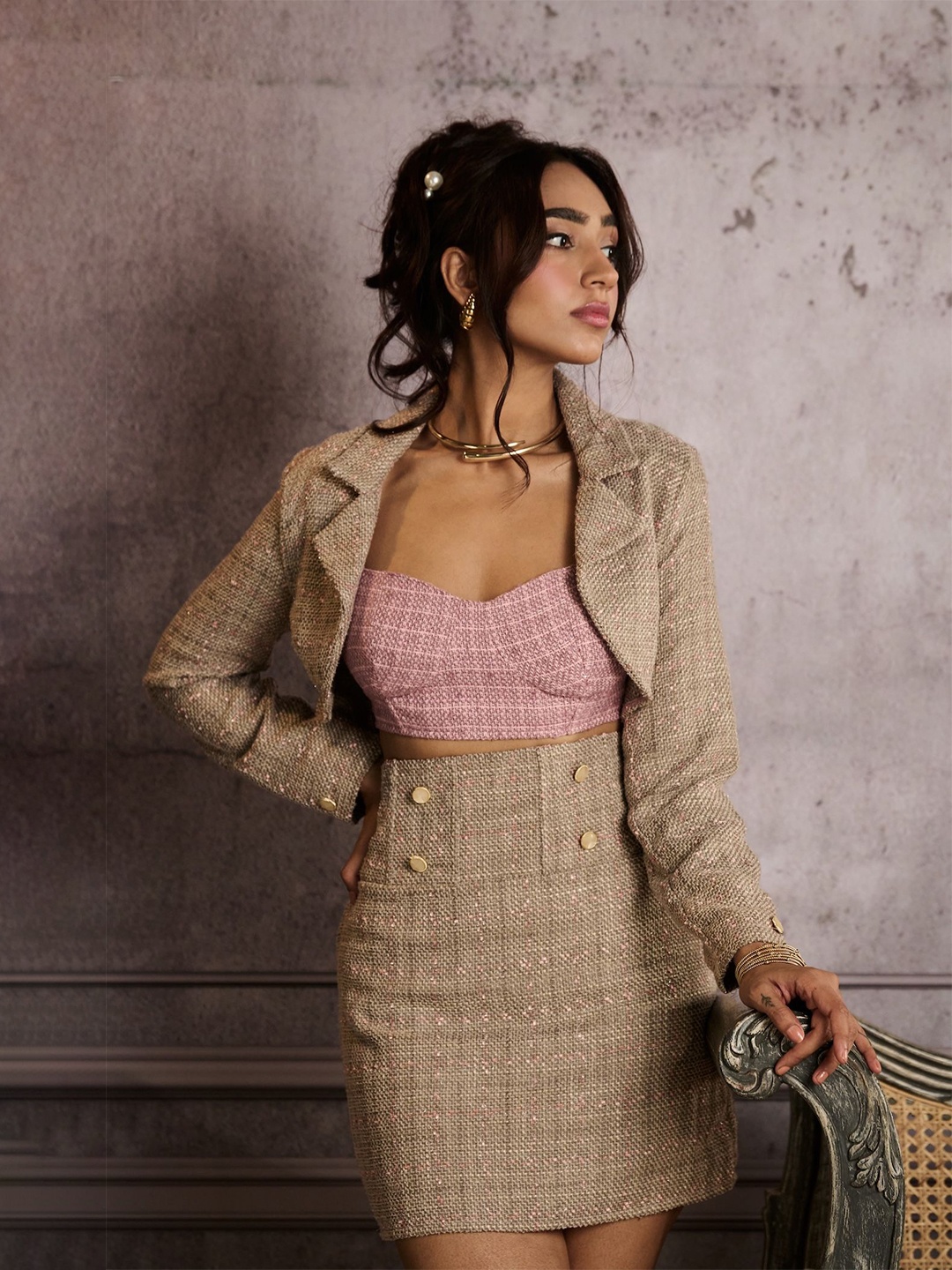 

Lea Clothing Co. Women Checked Tweed Crop Blazer and Pink Tweed Bralette Top