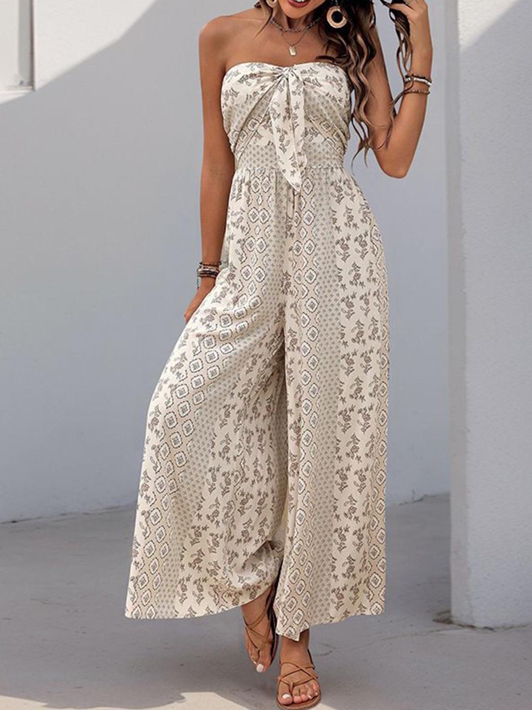 

StyleCast Women Strapless Printed Basic Jumpsuit, Beige