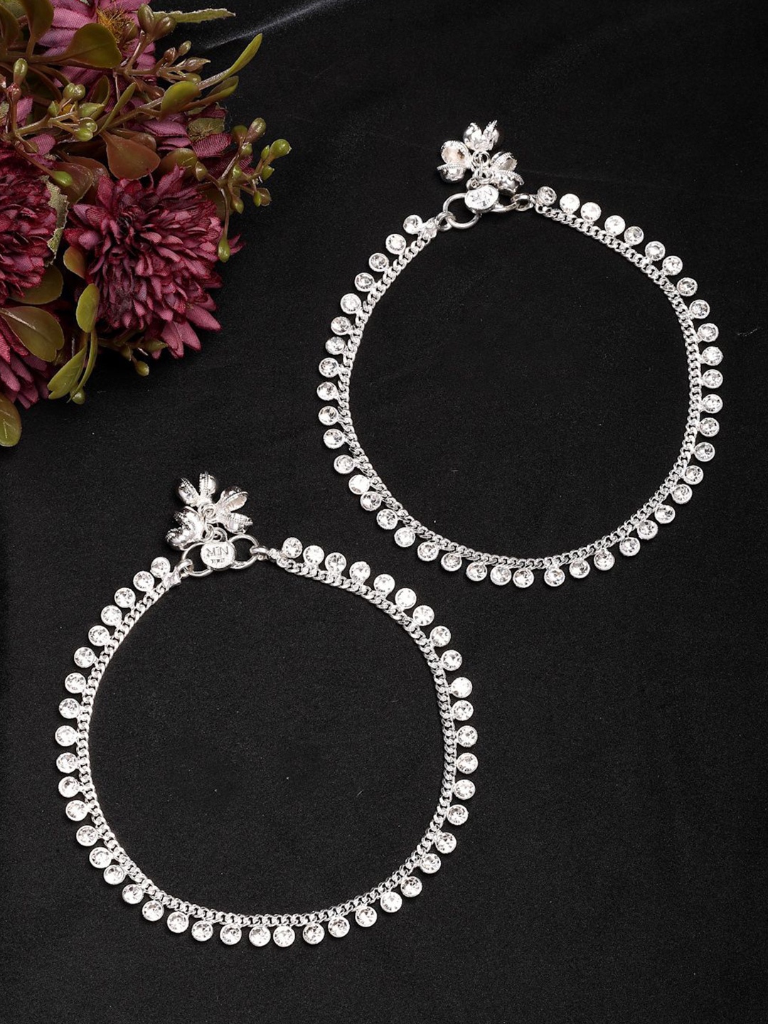 

NVR Women Set of 2 Silver-Plated Artificial Stone Studded Anklets