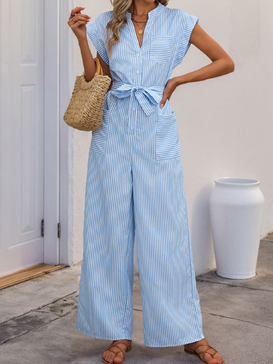 

StyleCast Women Striped Mandarin Collar Short Sleeves Basic Jumpsuit, Blue