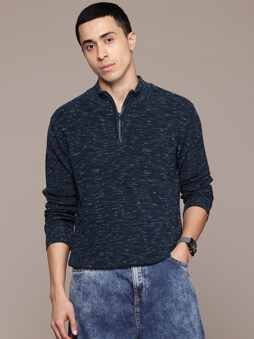 

The Roadster Lifestyle Co. Men Ribbed Pure Cotton Pullover, Navy blue