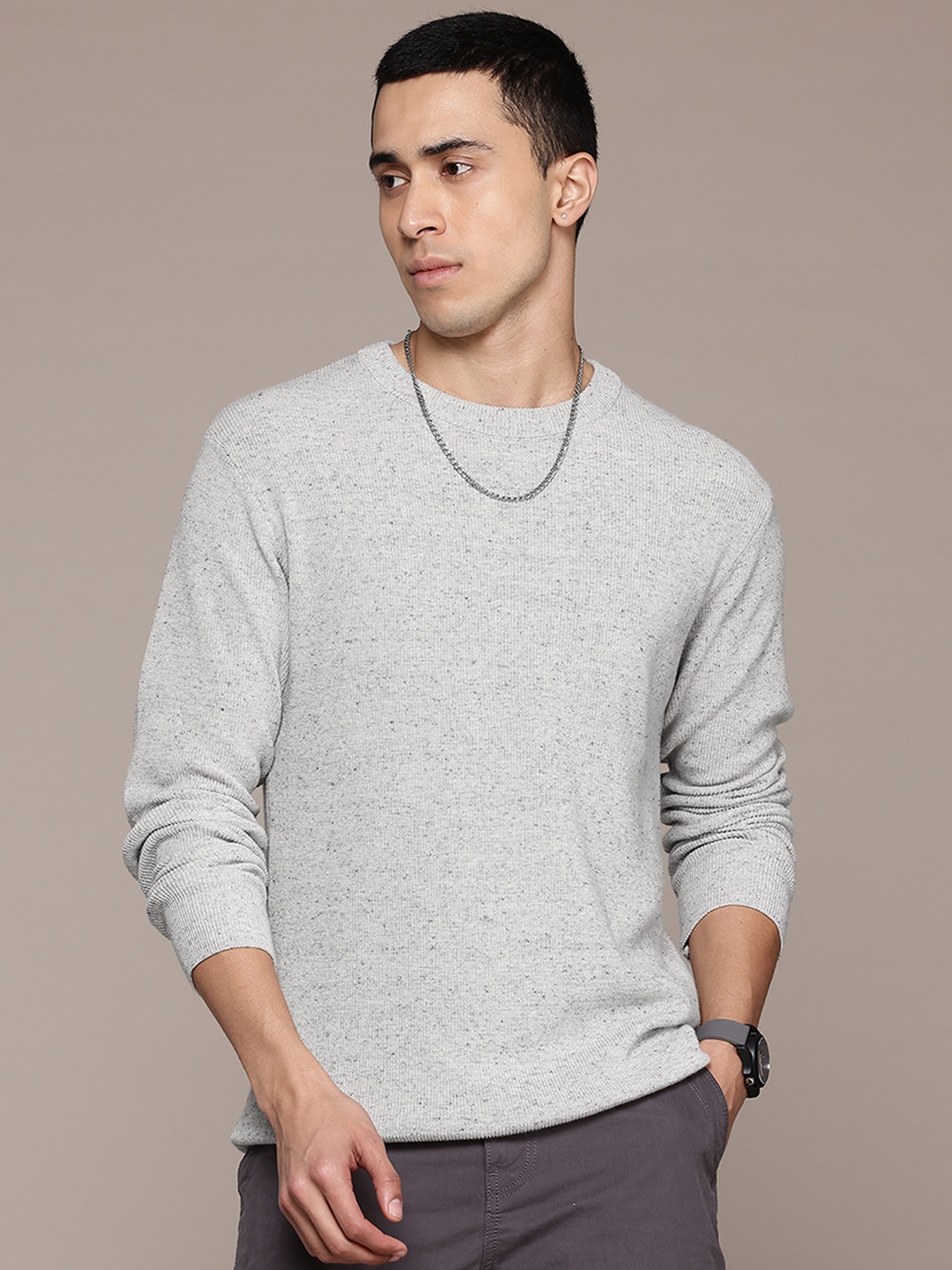 

The Roadster Lifestyle Co. Men Ribbed Pure Cotton Pullover, Grey melange