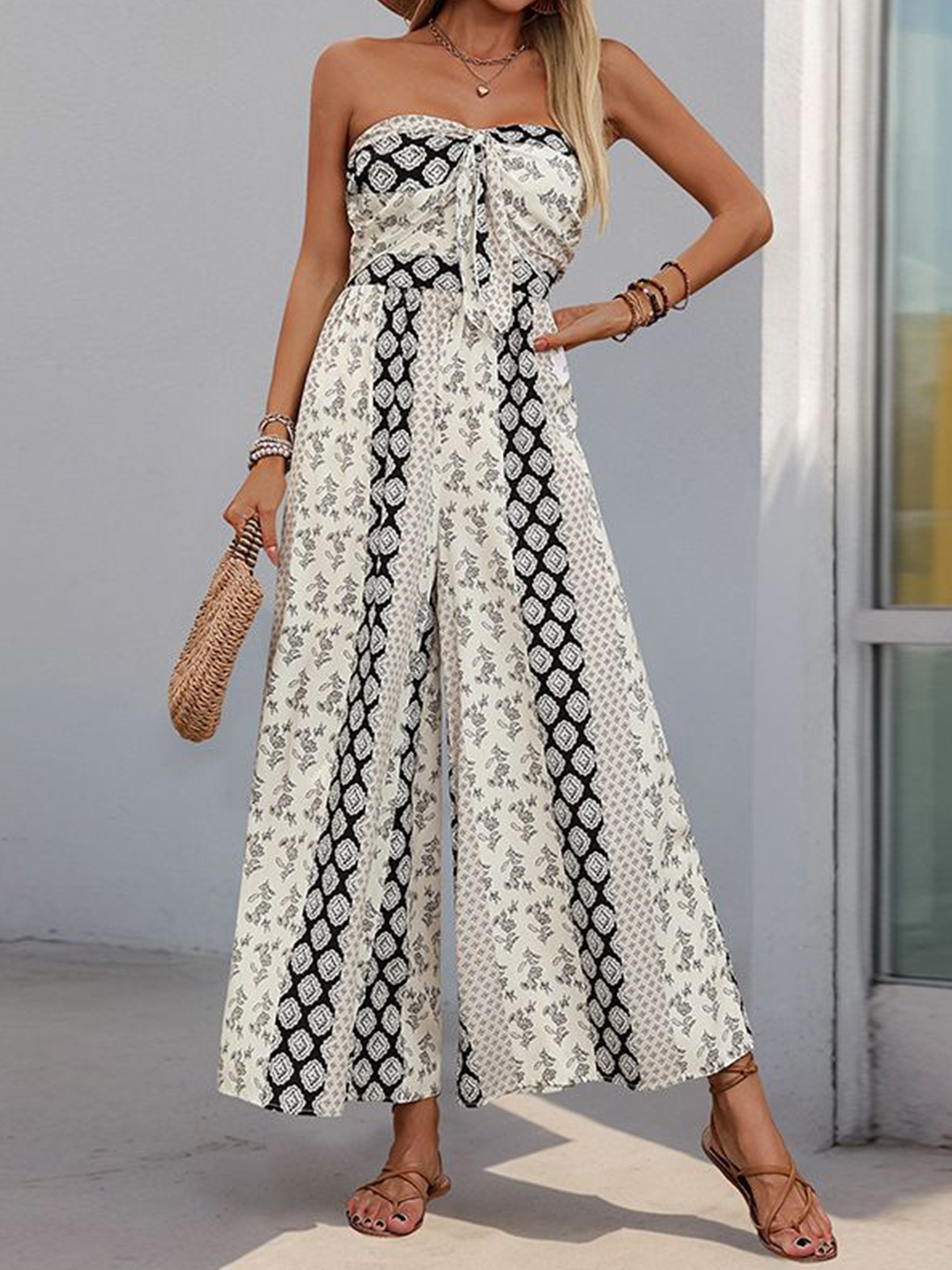 

StyleCast Women Off-Shoulder Printed Basic Jumpsuit, White