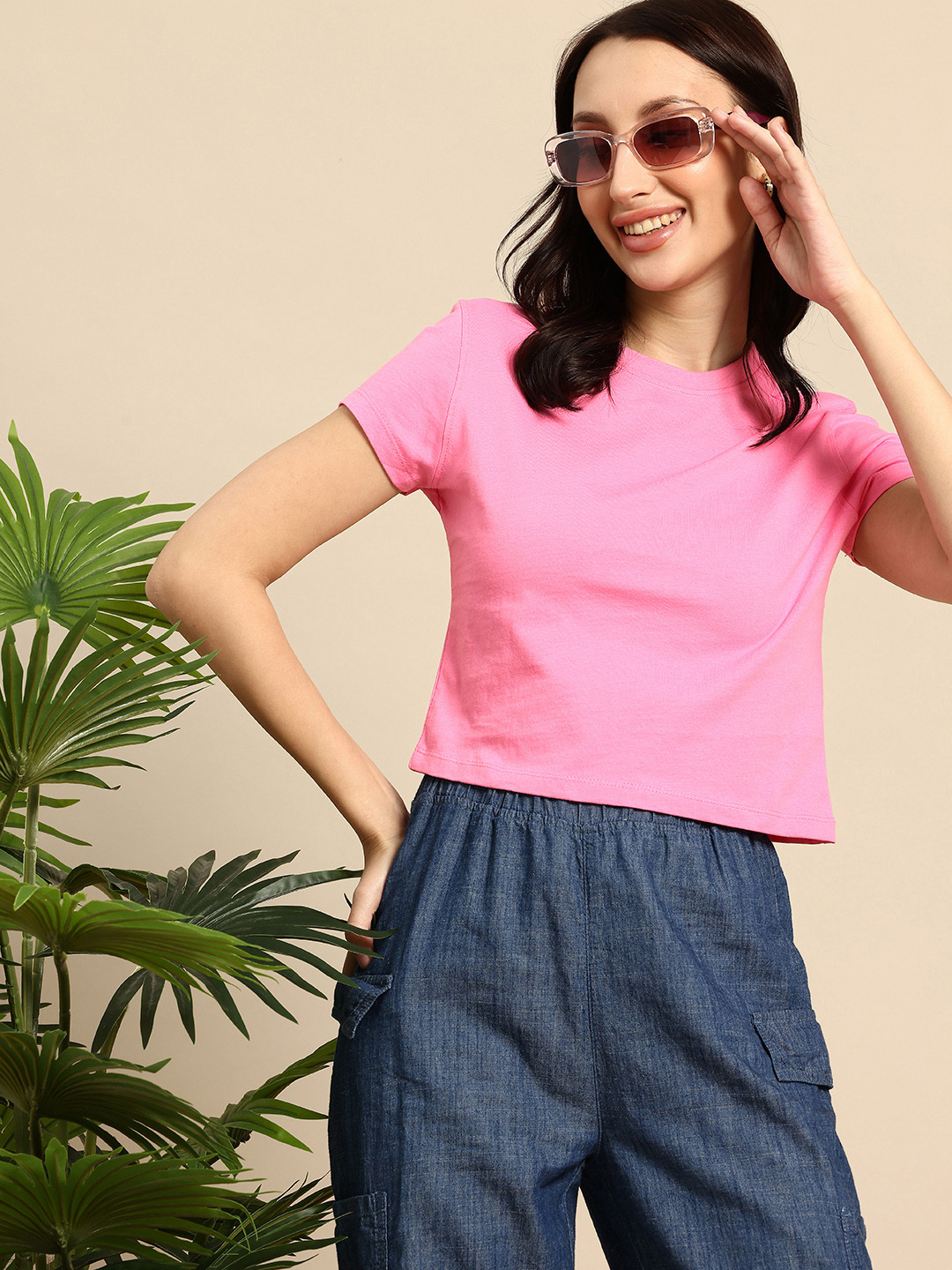 

Mast & Harbour Cropped Pure Cotton T-shirt, Pink