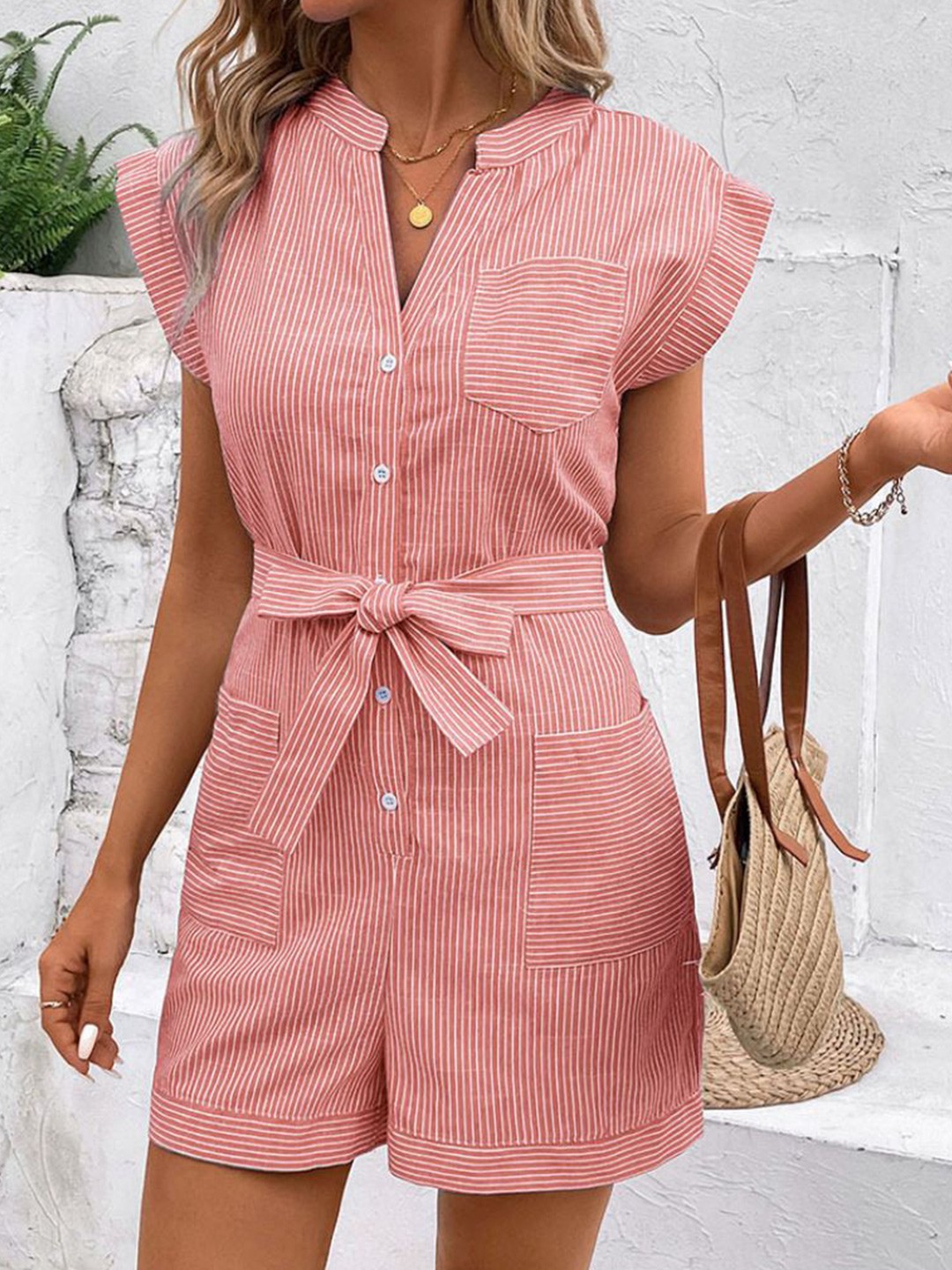 

StyleCast Women Striped Playsuit, Coral