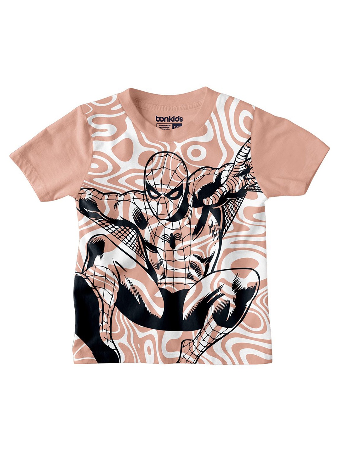 

BONKIDS Boys Graphic Printed Round Neck Cotton Spider-Man T-shirt, Peach