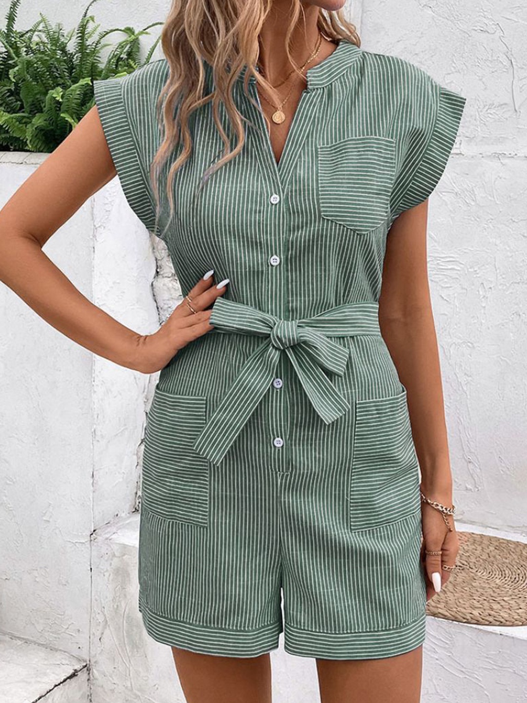 

StyleCast Women Striped Playsuit, Green