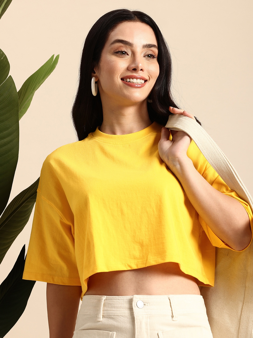 

Mast & Harbour Drop-Shoulder Sleeves Pure Cotton Boxy Crop T-shirt, Yellow