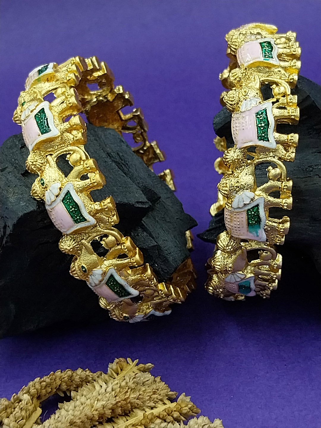 

AARNAA Set Of 2 Gold-Plated Stones-Studded Elephant Rajasthani Rajwadi Meenakari Bangles