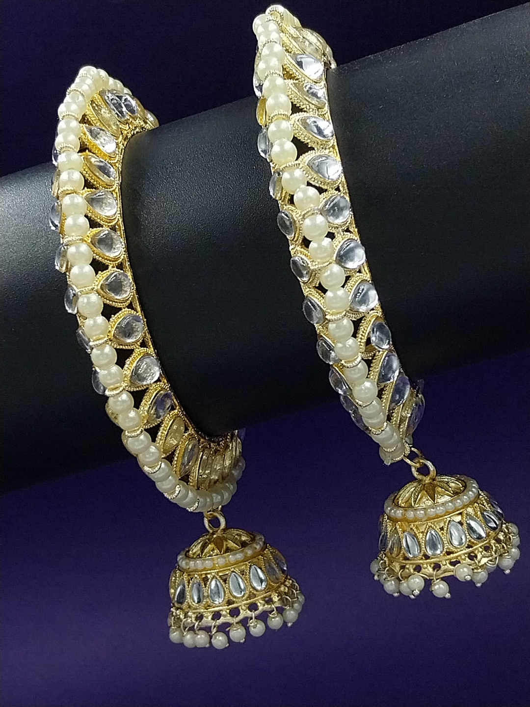 

AARNAA Set Of 2 Gold-Plated Kundan Stones-Studded & Pearls-Beaded Bangles