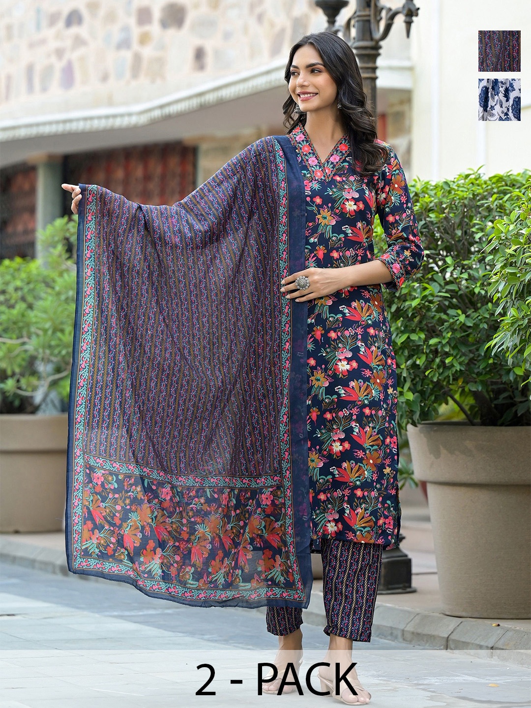 KALINI Selection Of 2 Floral Printed V-neck Straight Kurtas With Trousers & Dupattas, Navy blue