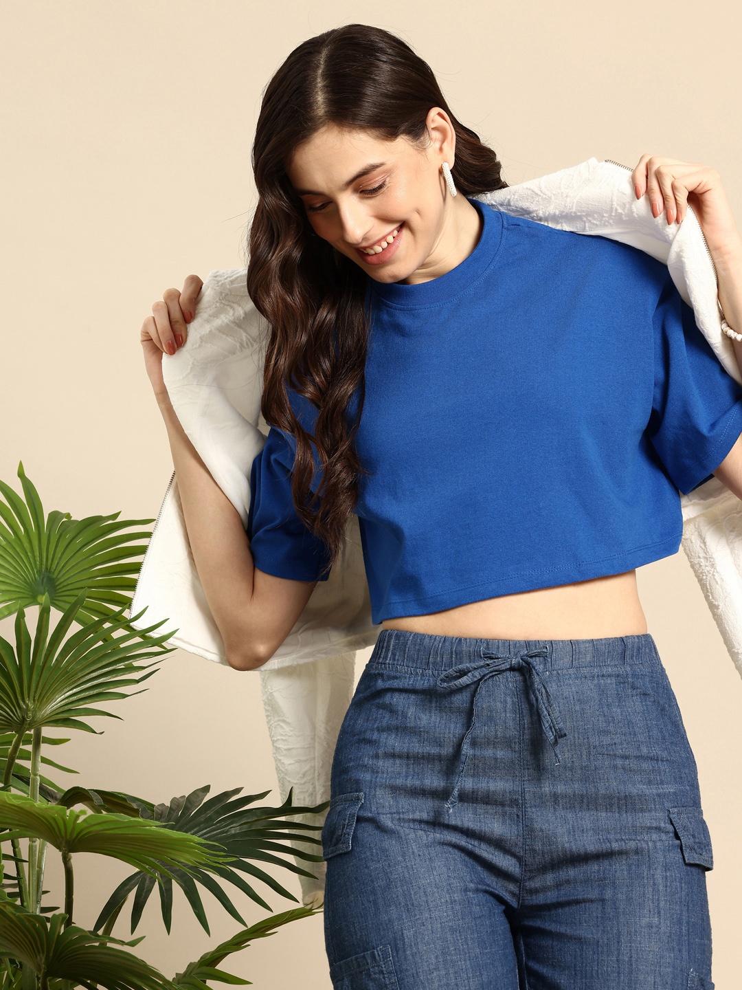 

Mast & Harbour Drop-Shoulder Sleeves Oversized Crop T-shirt, Blue