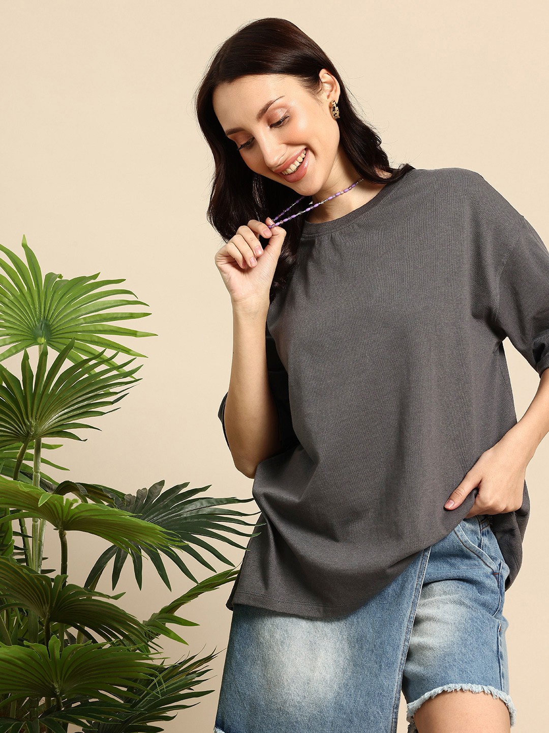 

Mast & Harbour Drop-Shoulder Sleeves Oversized Knitted T-shirt, Grey