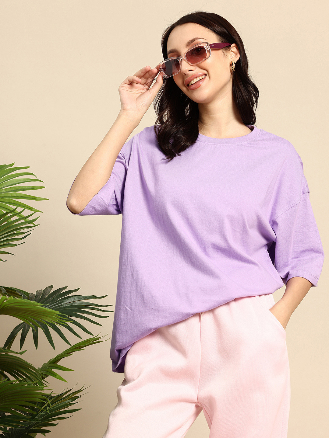 

Mast & Harbour Drop-Shoulder Sleeves Oversized Pure Cotton T-shirt, Lavender