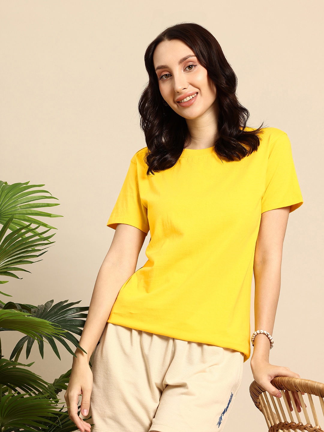 

Mast & Harbour Pure Cotton Drop-Shoulder Sleeves Relaxed Fit T-shirt, Yellow