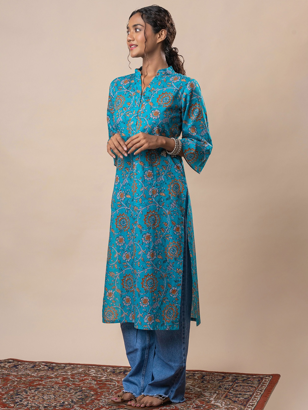 

GULABOSITABO Women Printed Pure Cotton Straight Kurta, Blue