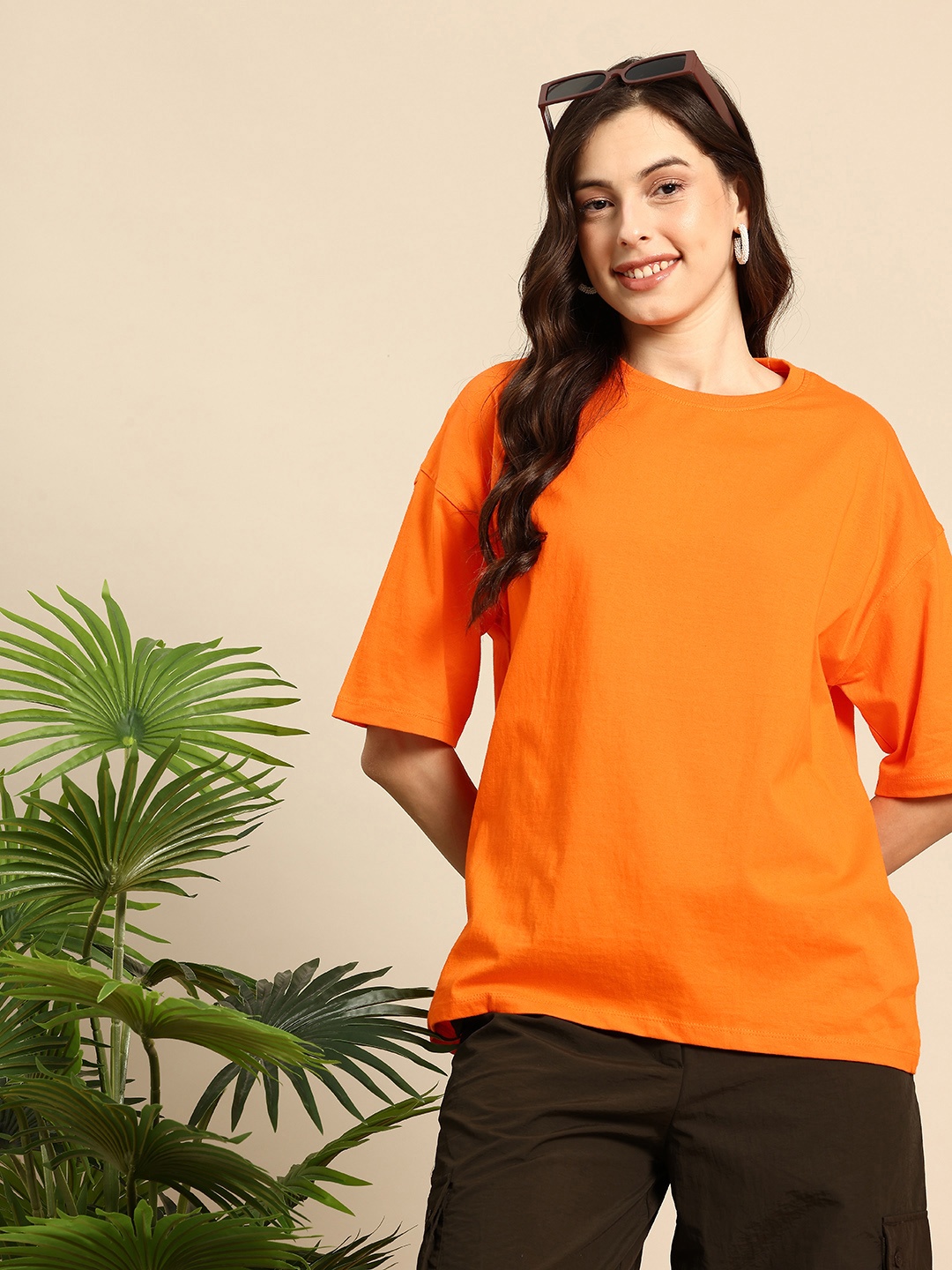 

Mast & Harbour Drop-Shoulder Sleeves Pure Cotton Oversized Knitted T-shirt, Orange