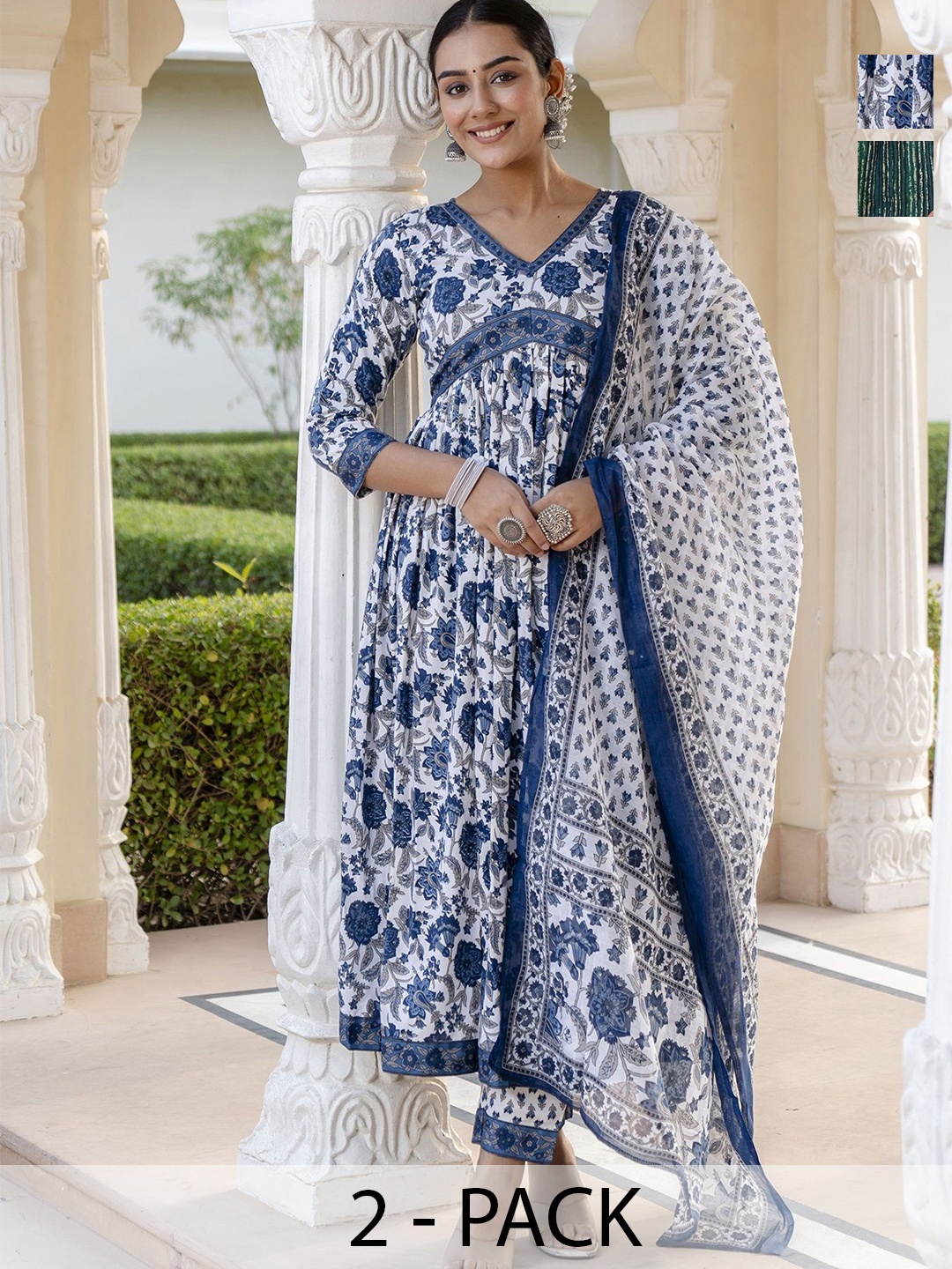 

KALINI Selection Of 2 Floral Printed Empire V-Neck A-line Kurta With Trouser And Dupatta, Blue