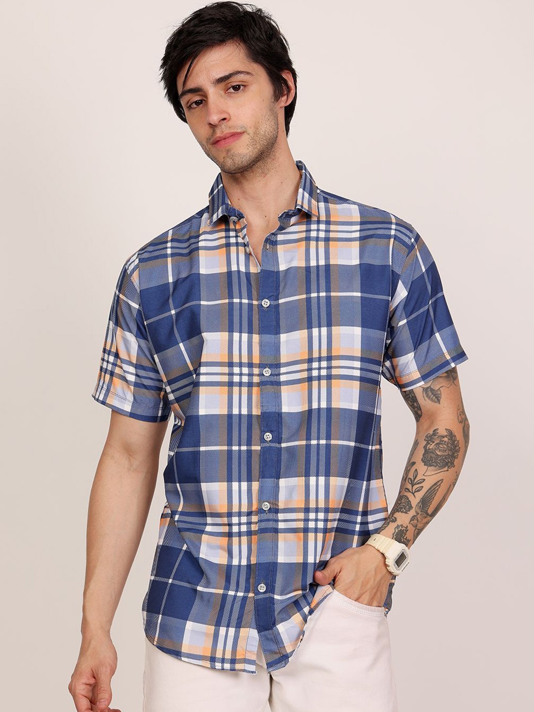 

Leotude Men Classic Boxy Fit Spread Collar Tartan Checked Cotton Casual Shirt, Blue