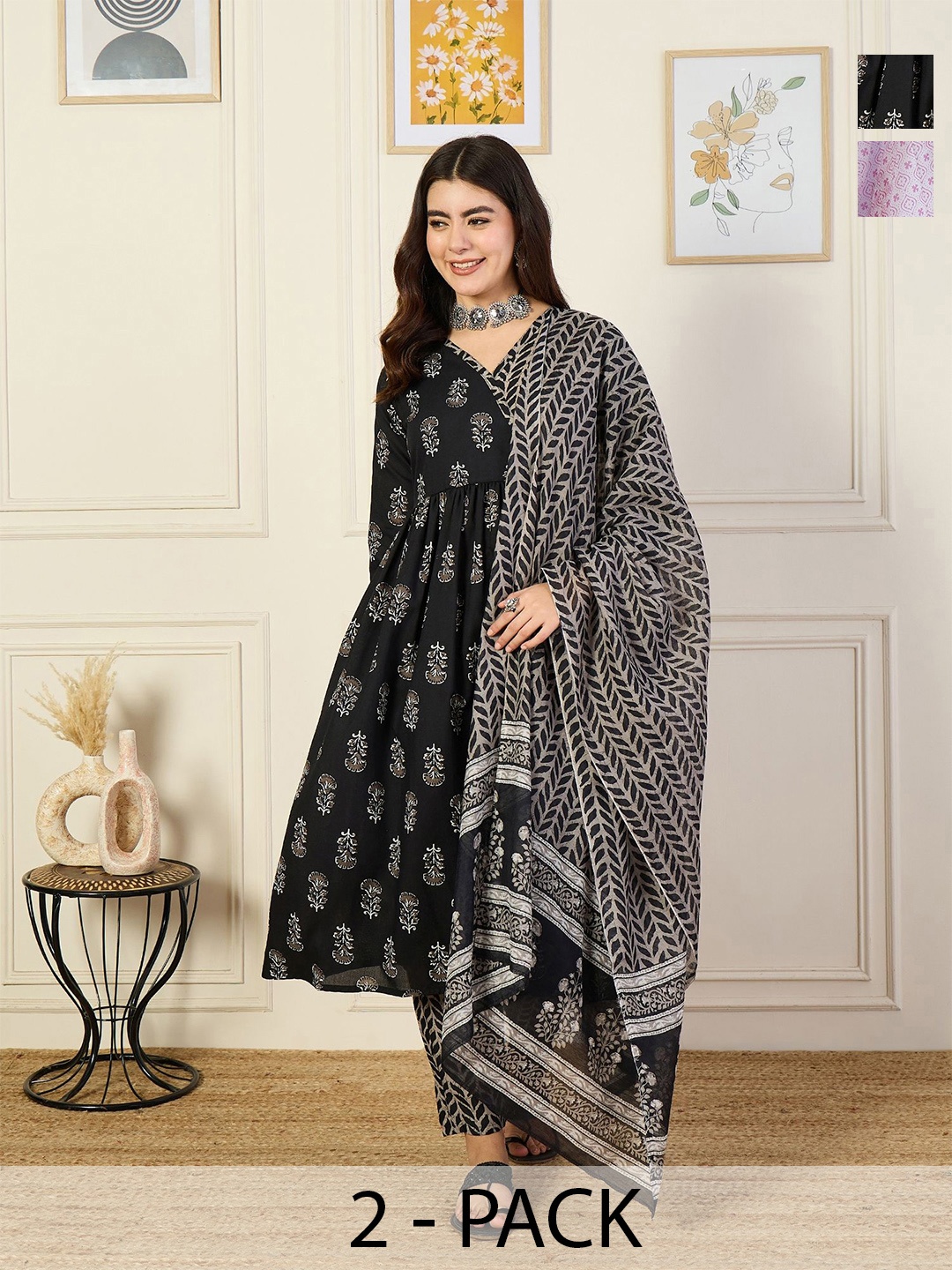 

KALINI Selection Of 2 Floral Printed Pleated V-Neck Anarkali Kurta With Trouser & Dupatta, Black