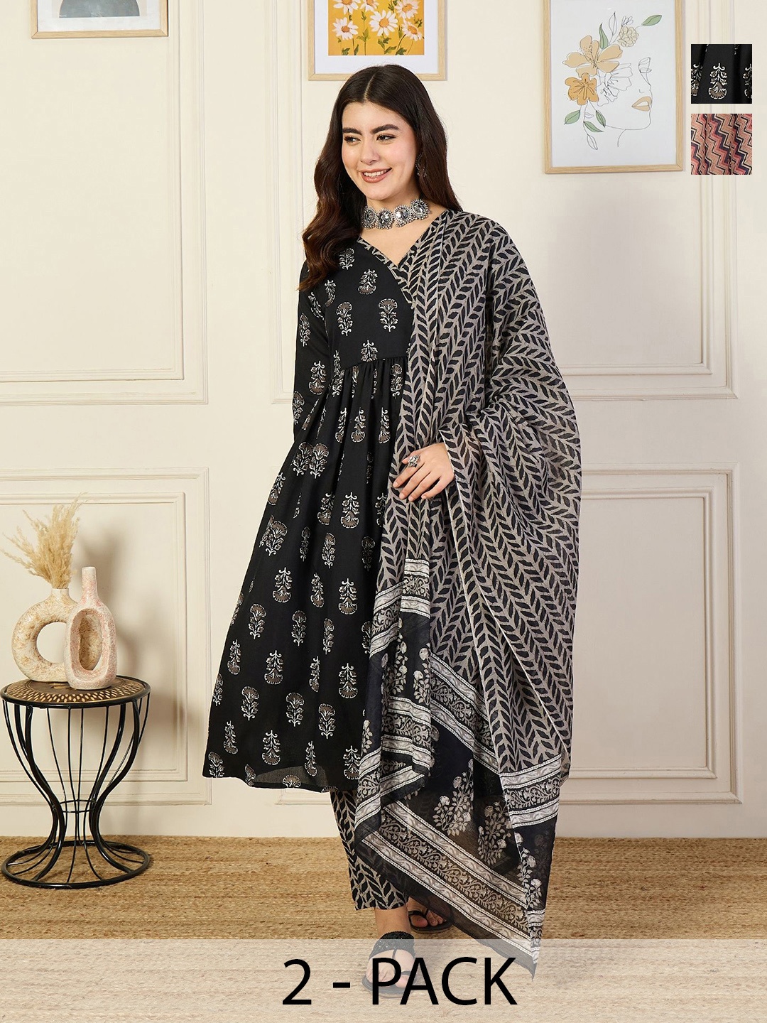 

KALINI Selection Of 2 Floral Printed Pleated V-Neck Anarkali Kurta With Trouser & Dupatta, Black